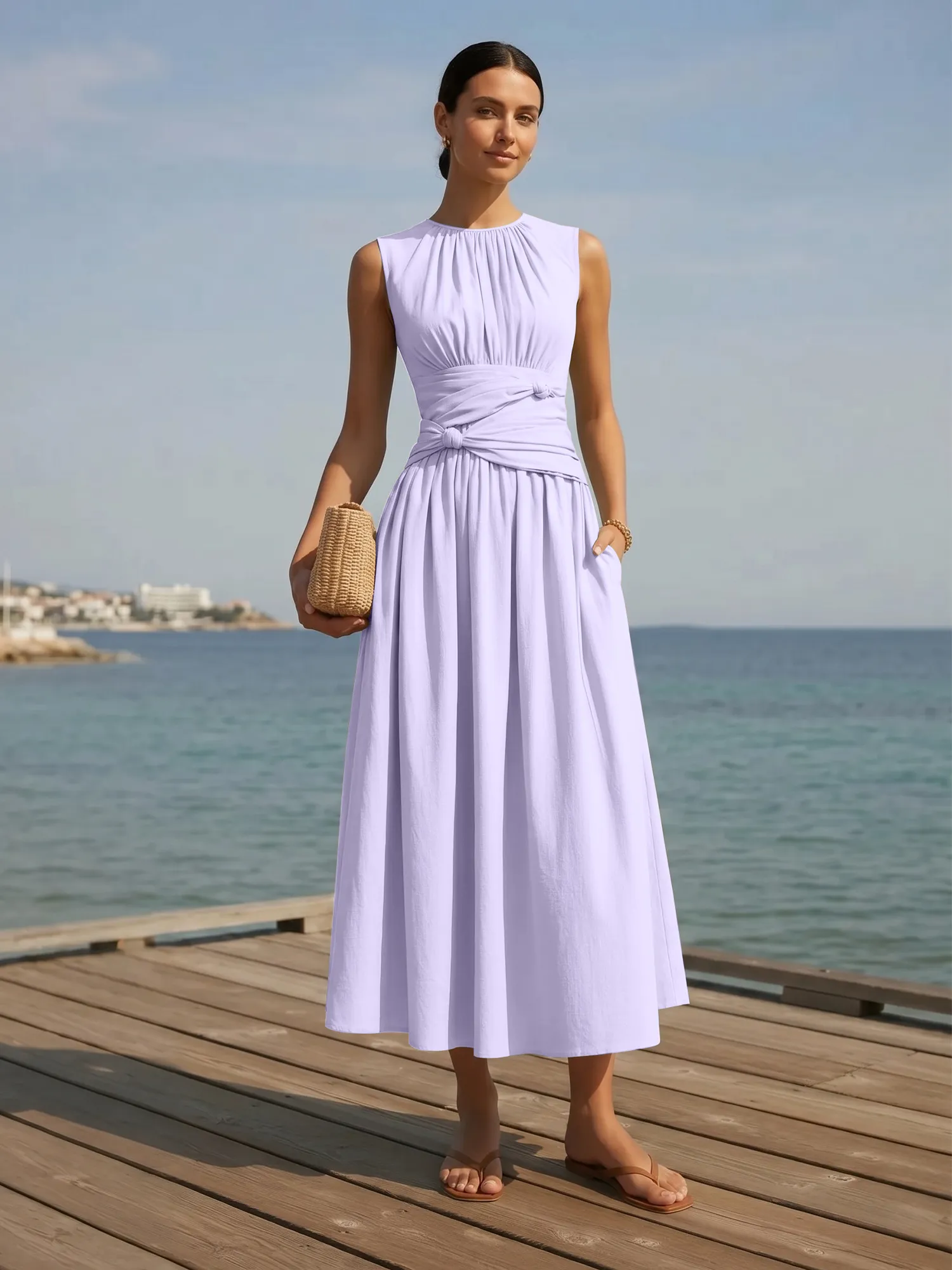 Sleeveless Round Neck Waist-Knot Midi Evening Dress