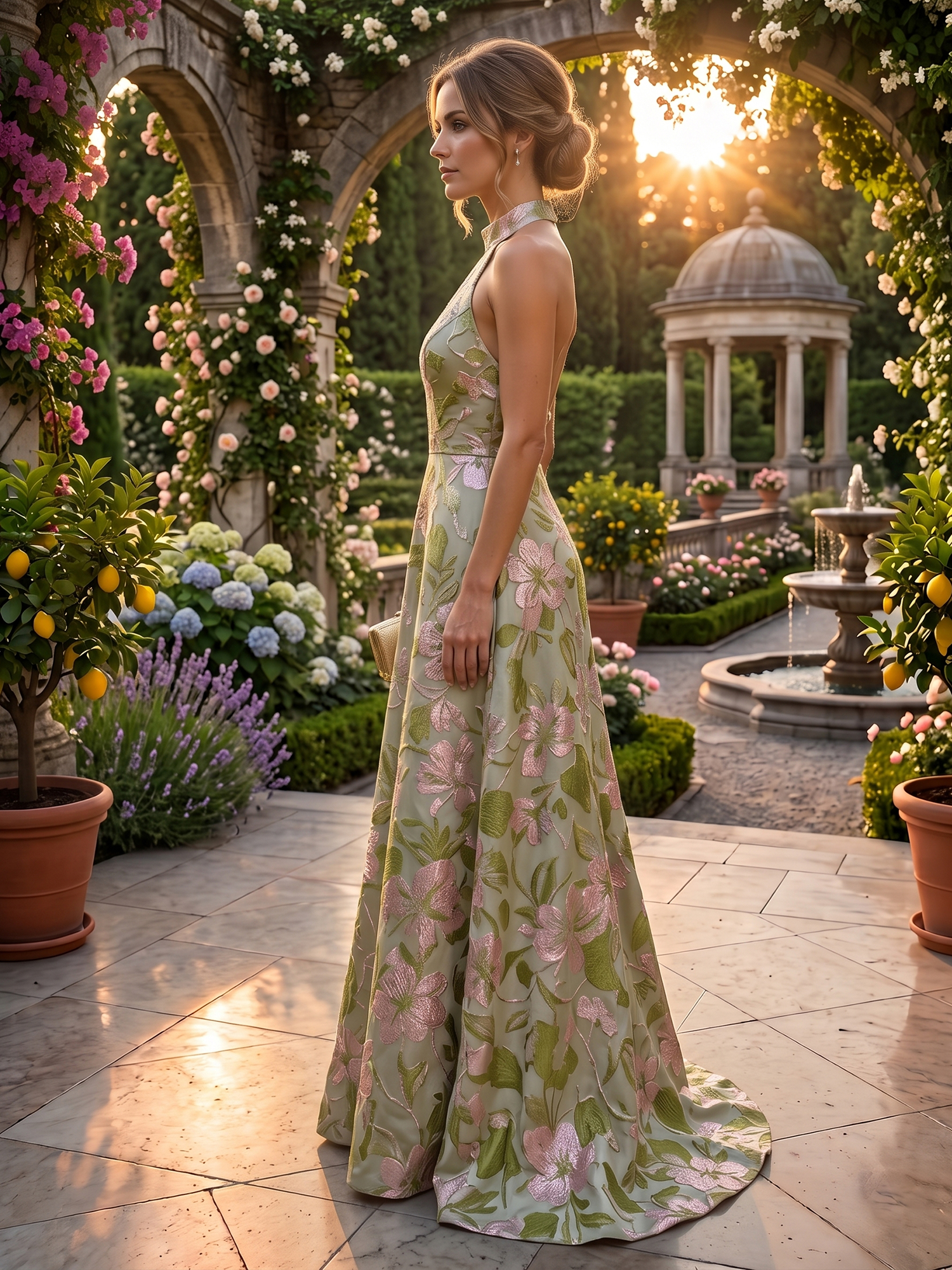 Sage Green Botanical Elegance Halter Neck Jacquard Mother of the Bride & Groom Dresses