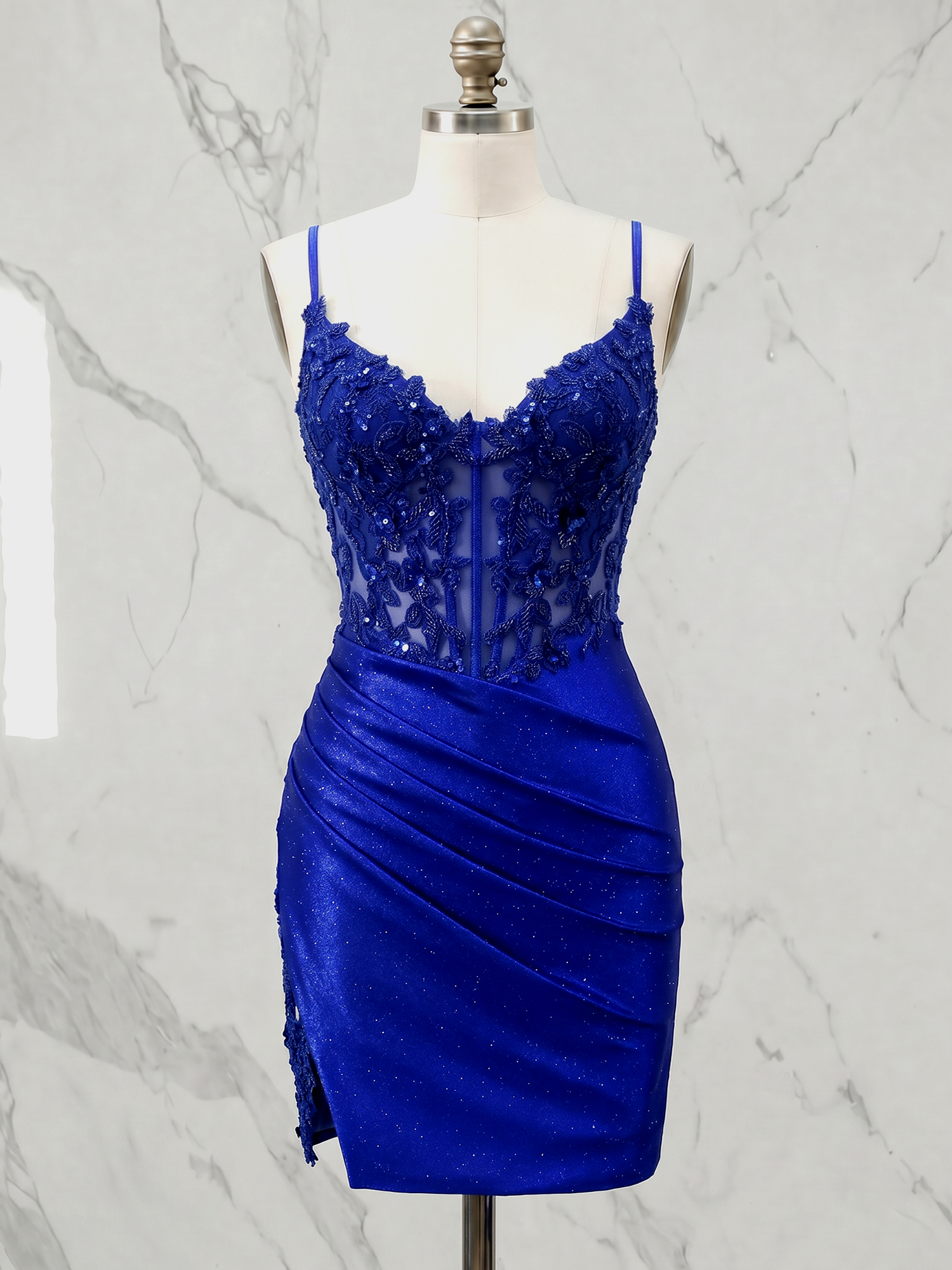 Royal Blue Sequined Lace Sheer Corset Shimmer Homecoming Dress