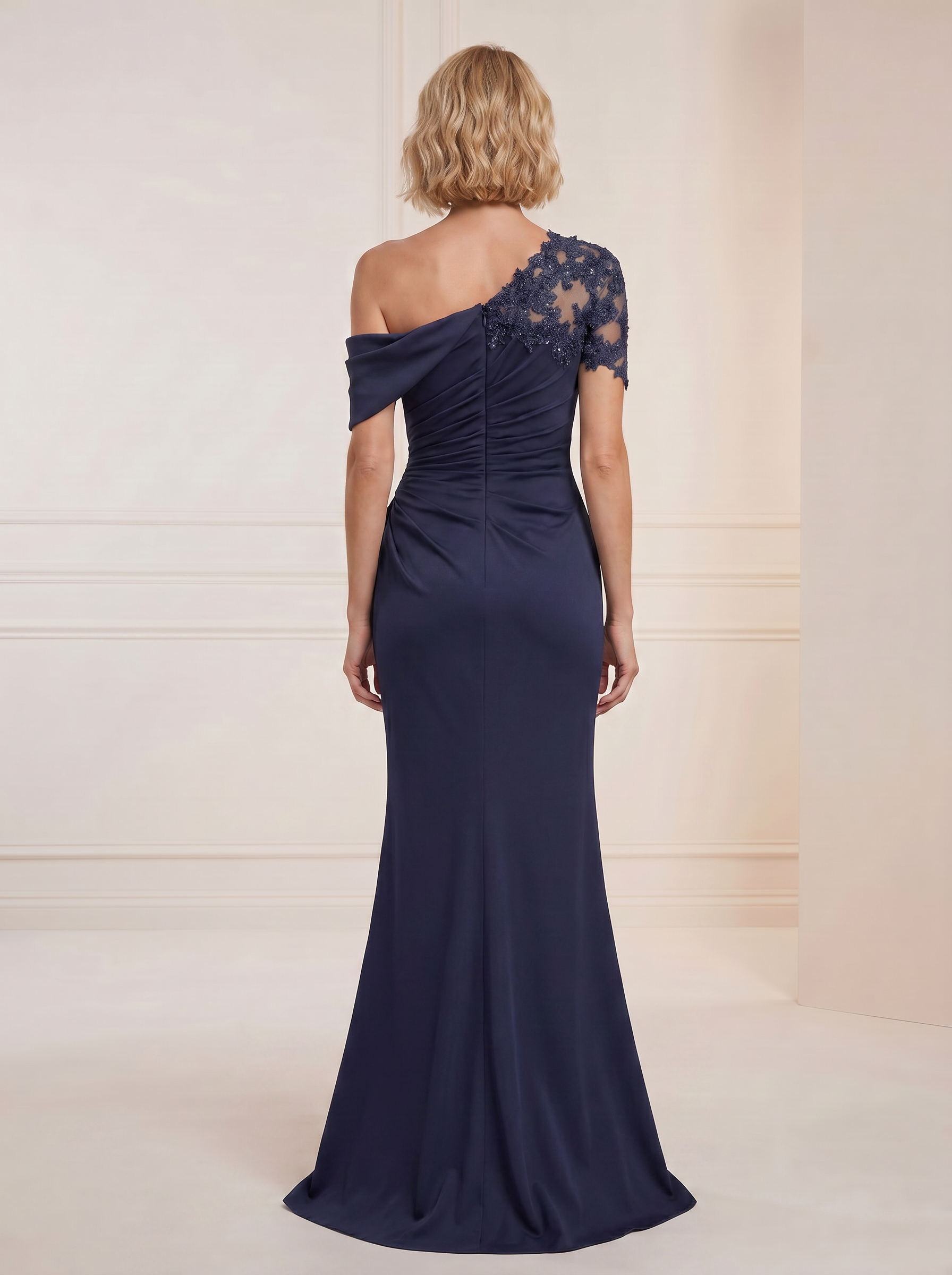 Refined Navy Blue Off-the-Shoulder Column Formal Evening Dress