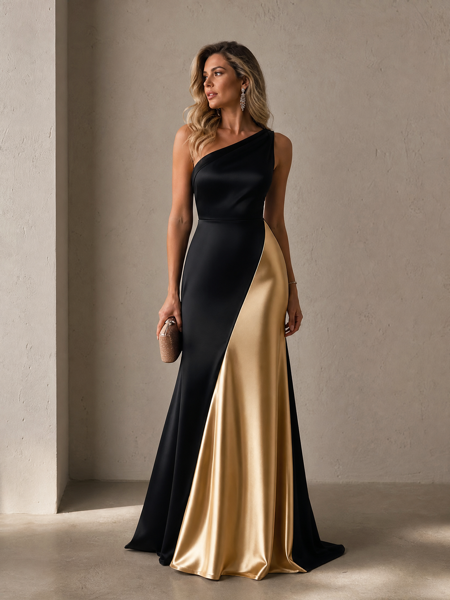 Sophisticated Two-Tone Black & Gold Satin Column One Shoulder Formal Evening Dress