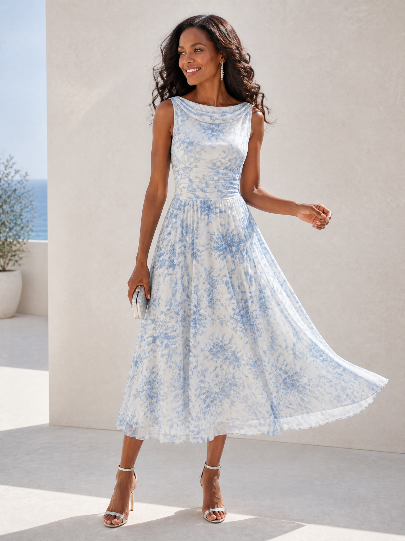 Luminous Blue Floral Chiffon Cowl-Neck A-Line Midi Formal Evening Dress