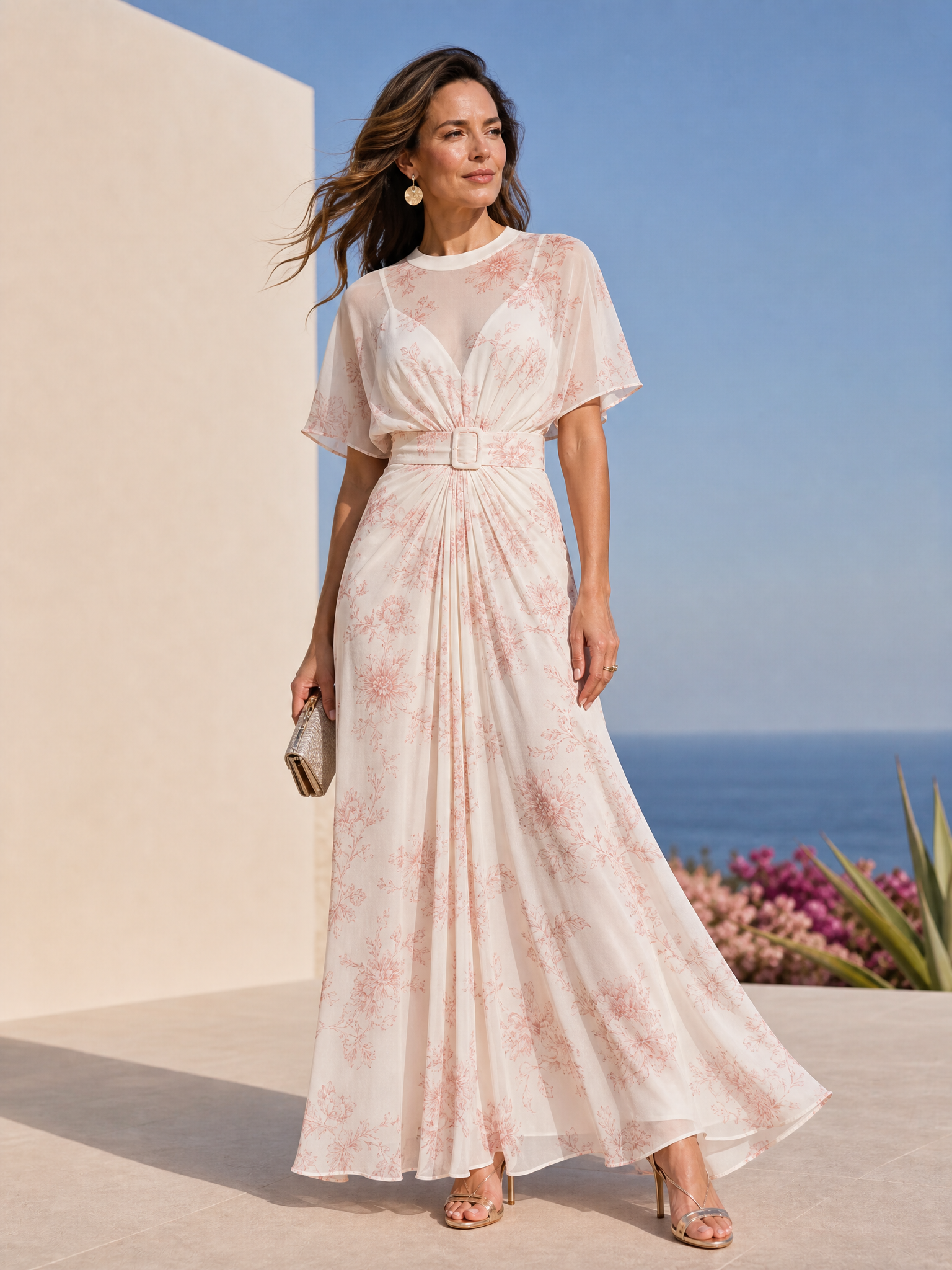 Pink Floral Crew-Neck A-Line Maxi Formal Evening Dress with Sheer Flutter Sleeves and Belted Waist