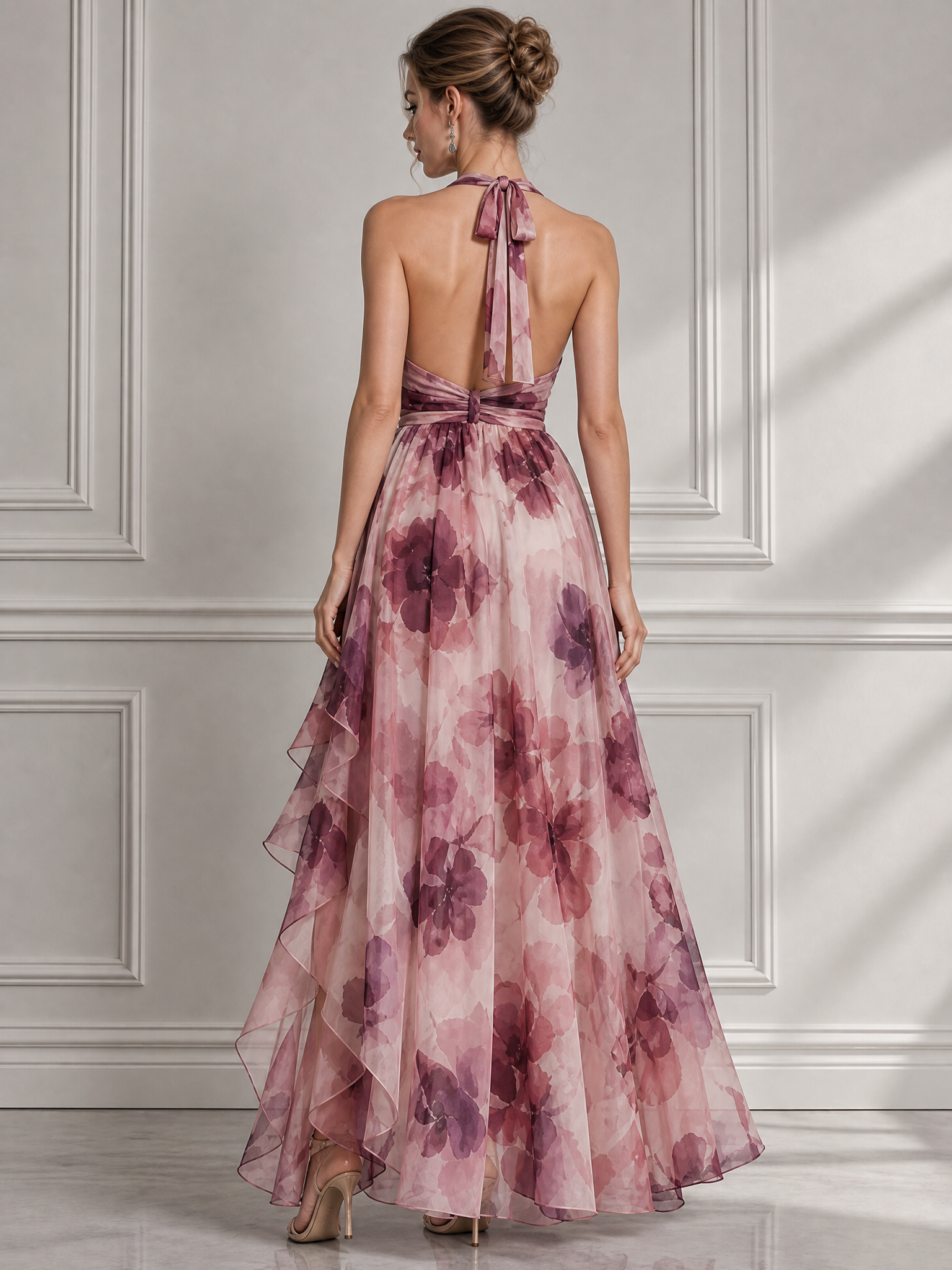 Dusty Rose Floral Halter V-Neck Ruffled Column Evening Gown Dress 