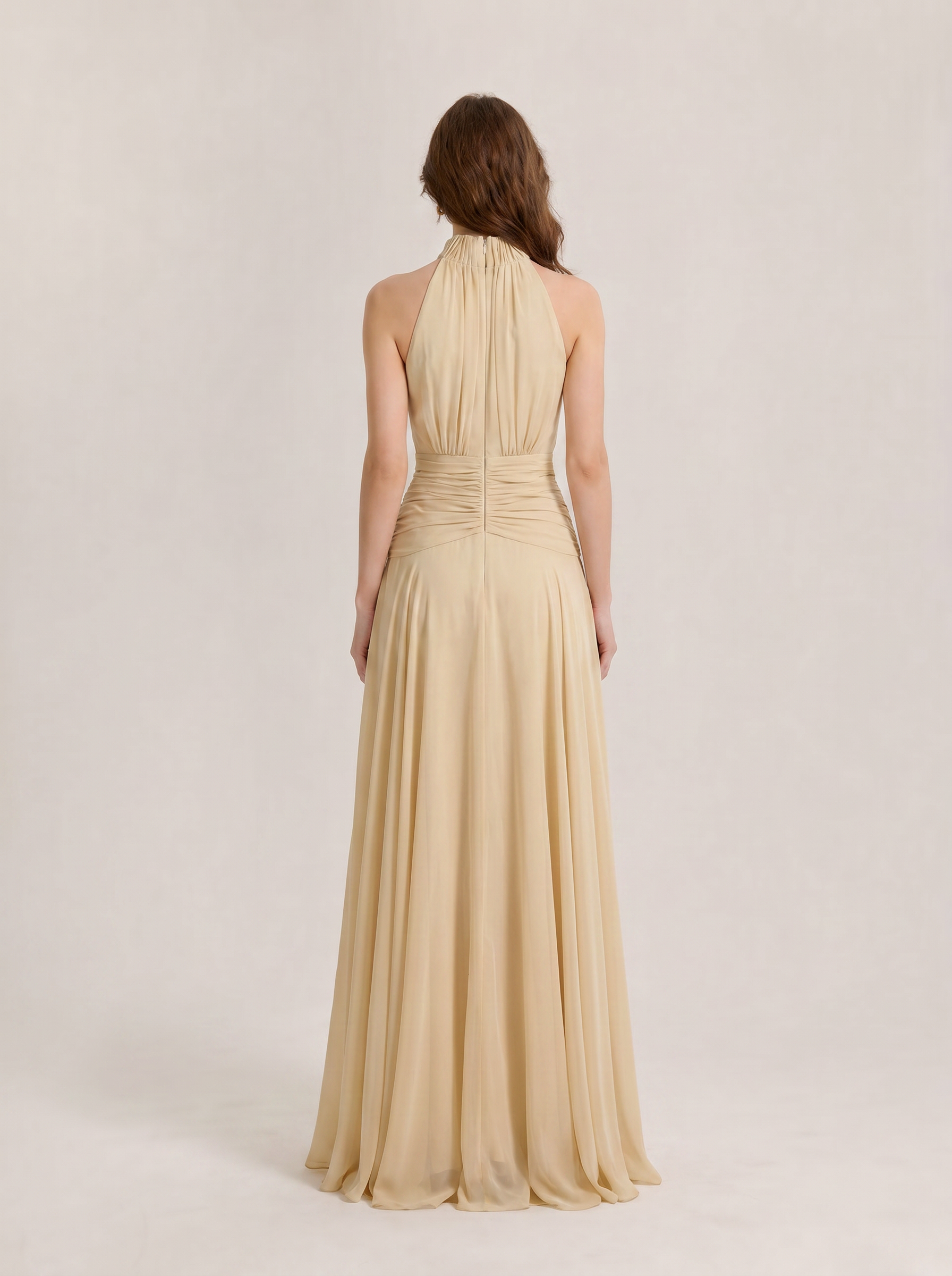 Ethereal Champagne Chiffon Halter A-Line Formal Evening Dress 