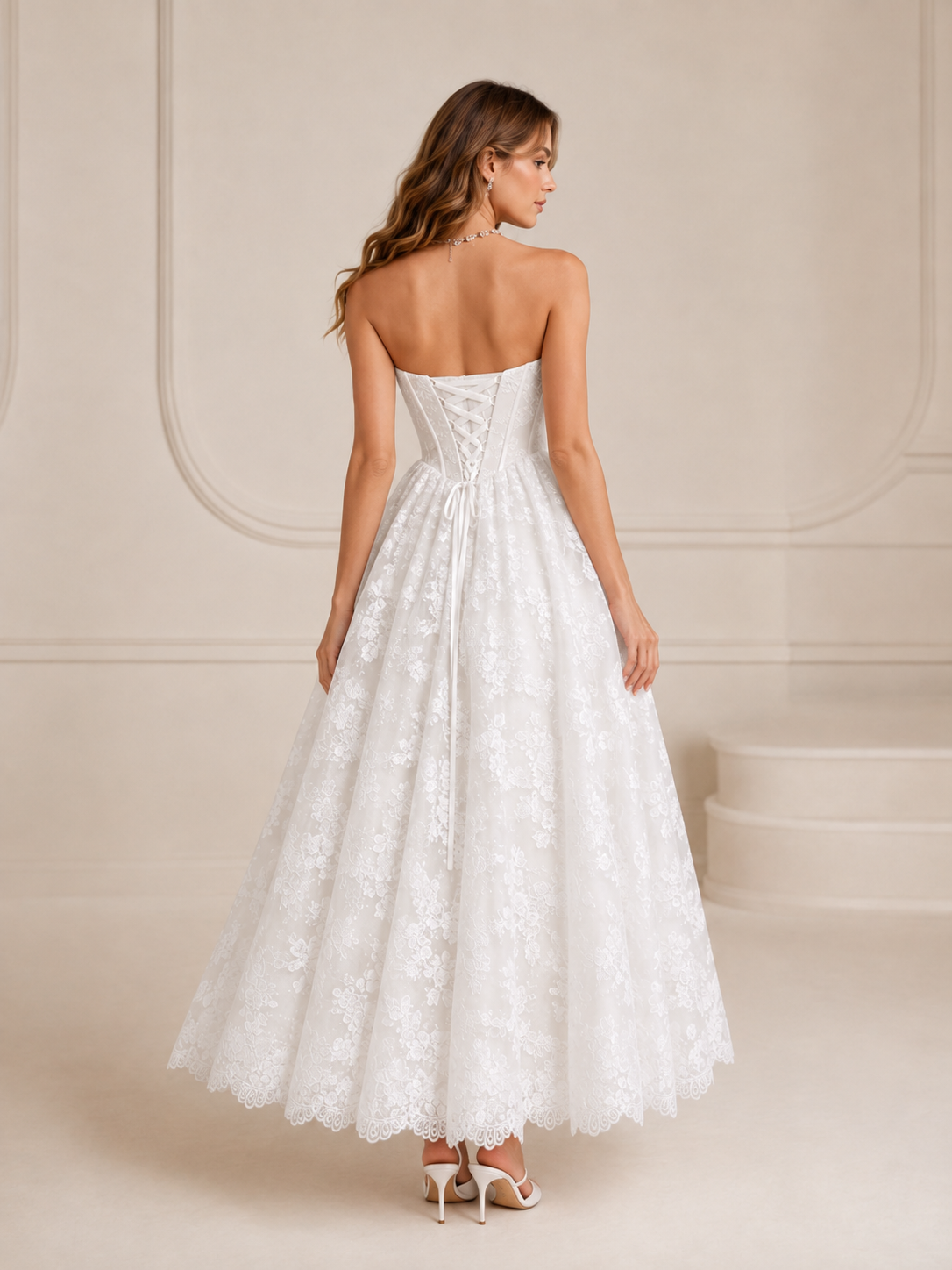 White Ball-Gown Strapless Lace Corset A-Line Wedding Dress 