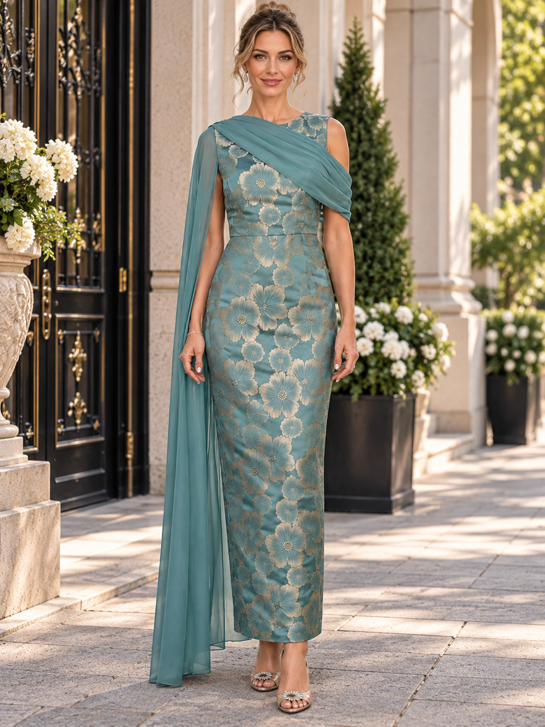 Cyan Floral Jacquard Classic Crew Neck Sleeveless Sheath Maxi Evening Gown Dress 