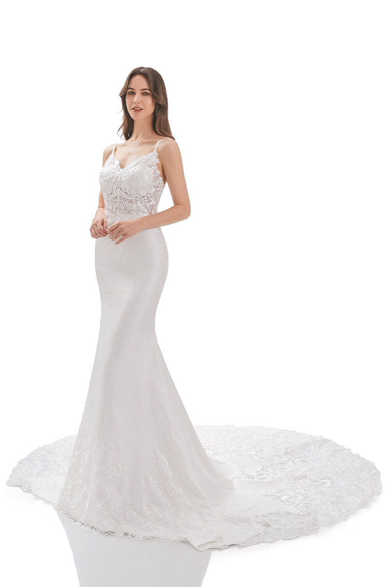 White Mermaid Spaghetti Straps Long Bridal Dress With Appliques