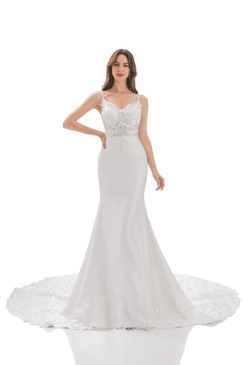 White Mermaid Spaghetti Straps Long Bridal Dress With Appliques
