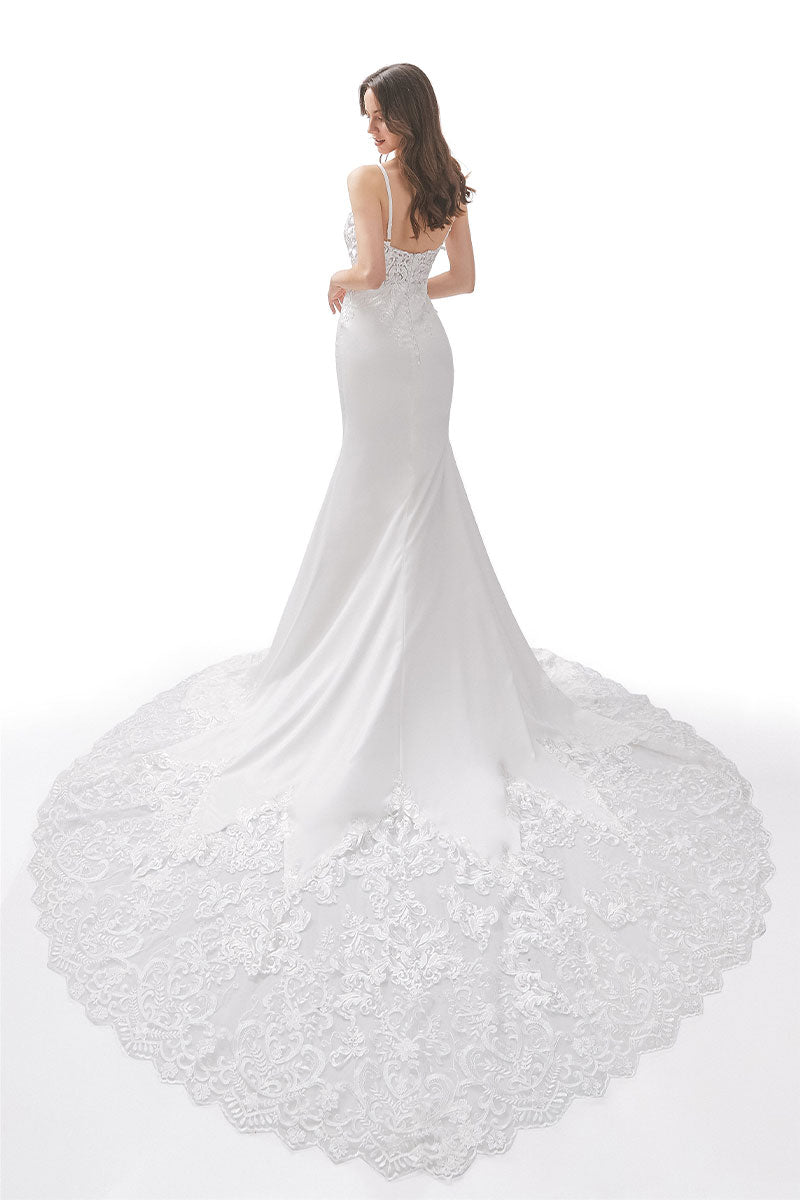 White Mermaid Spaghetti Straps Long Bridal Dress With Appliques