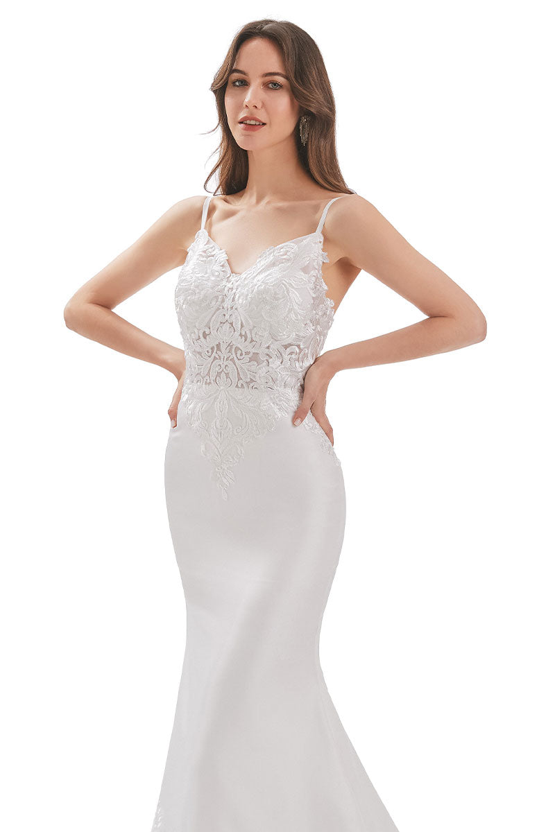 White Mermaid Spaghetti Straps Long Bridal Dress With Appliques