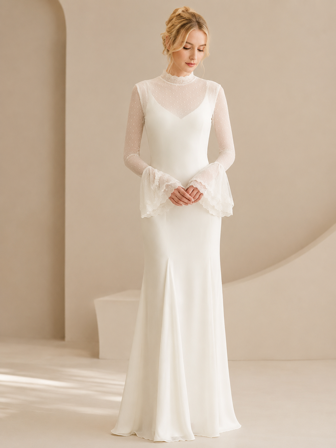 White High-Neck Swiss Dot Long-Sleeve Mermaid Wedding Dress 