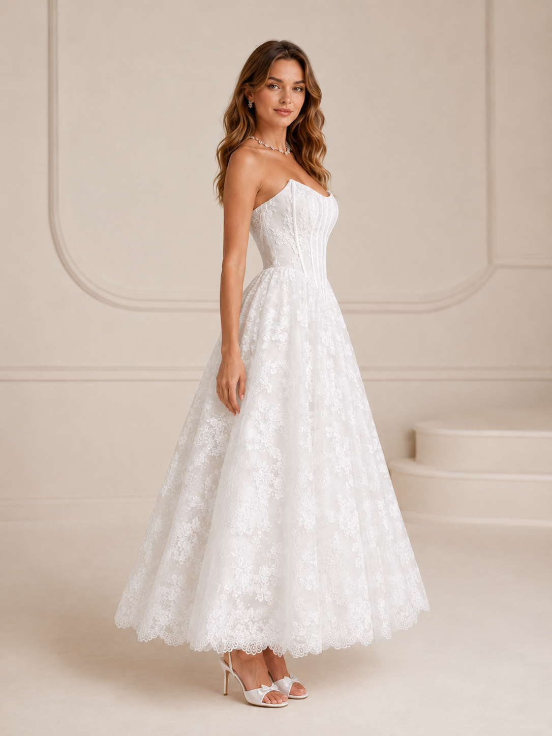 White Ball-Gown Strapless Lace Corset A-Line Wedding Dress 