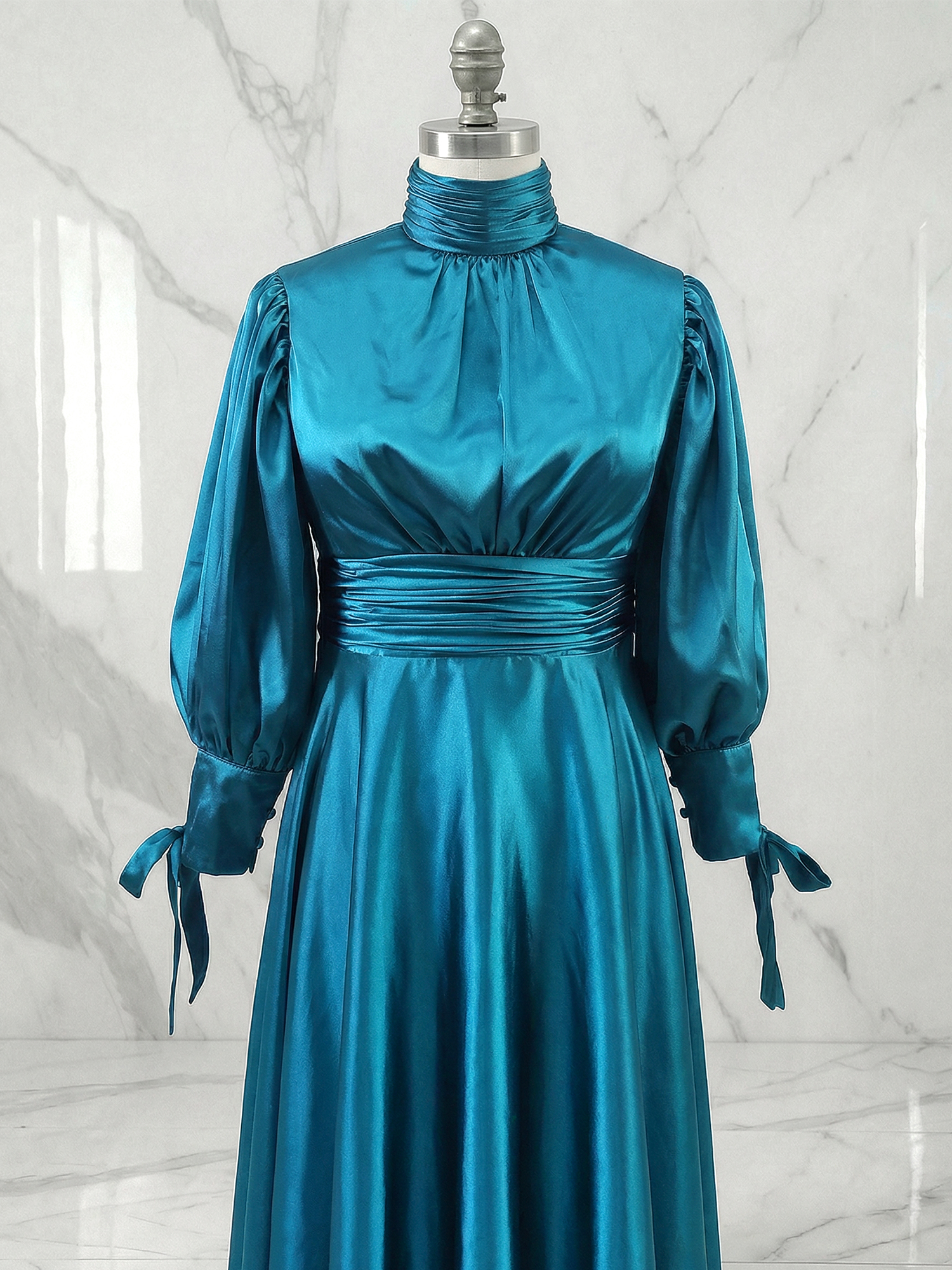 Sophisticated Camel V-Neck Balloon Sleeve Midi Dress Evening Gown