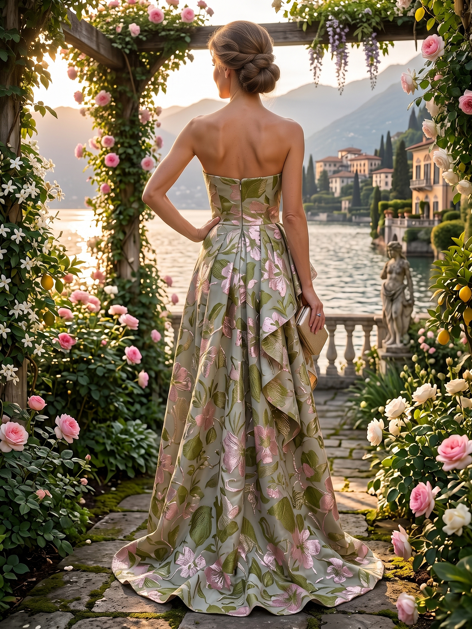 Sage Green Botanical Elegance Floral Jacquard Strapless Mother of the Bride & Groom Dresses