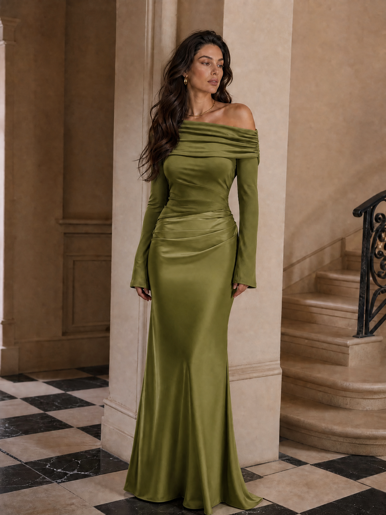 Sophisticated Olive Green Satin Off-the-Shoulder Sheath Formal Evening Dress