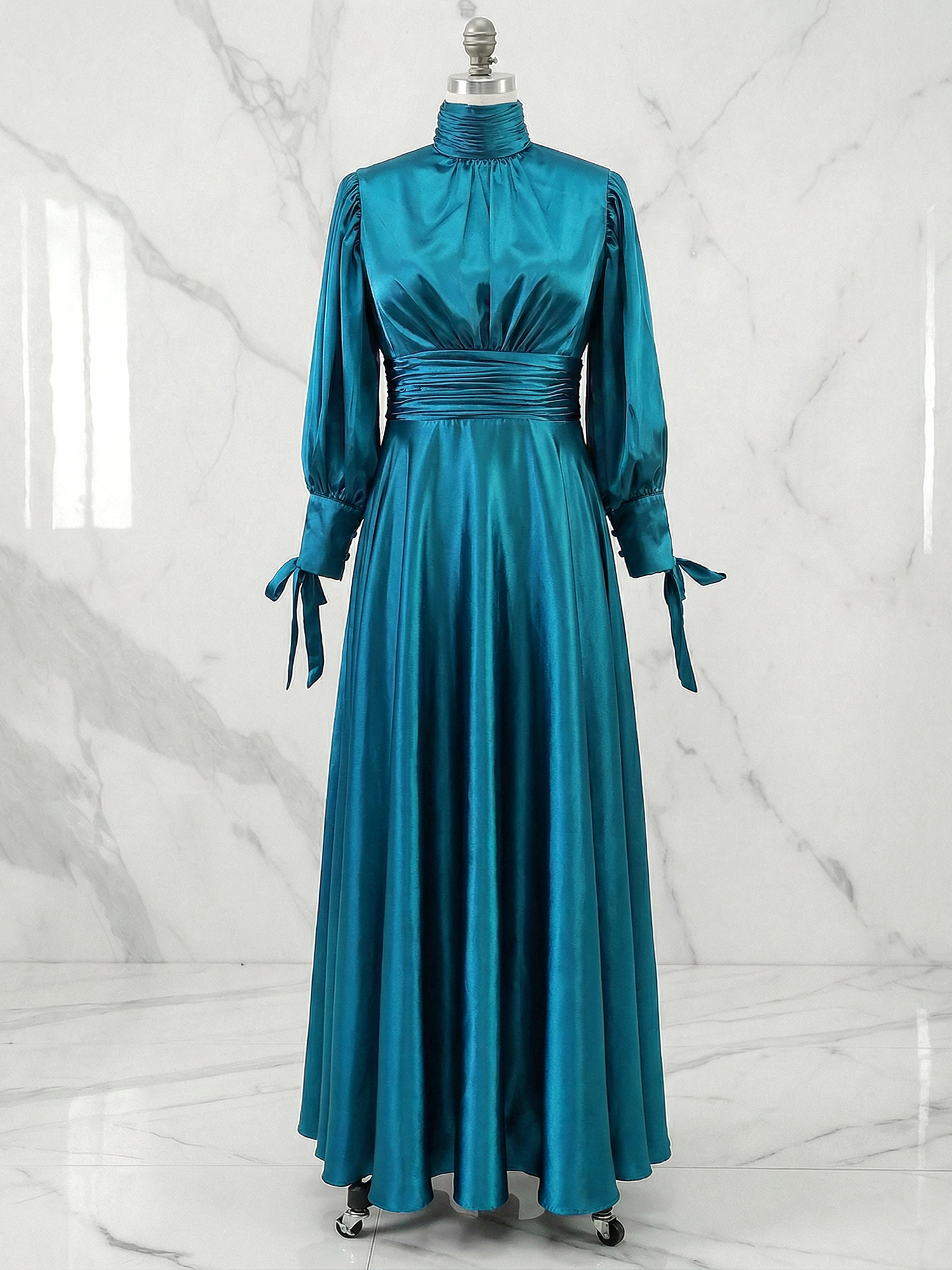 Sophisticated Camel V-Neck Balloon Sleeve Midi Dress Evening Gown