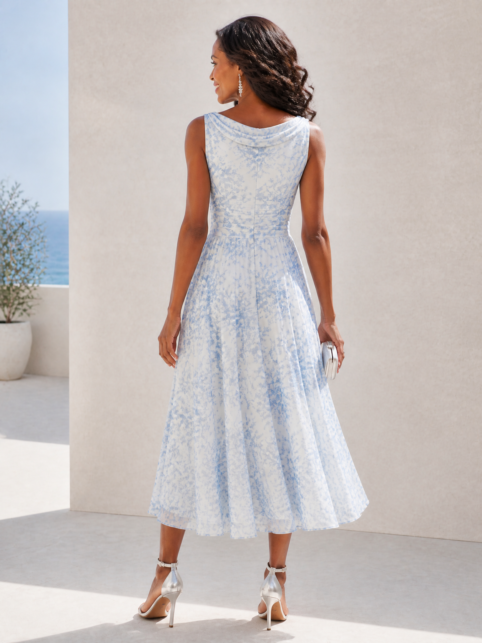 Luminous Blue Floral Chiffon Cowl-Neck A-Line Midi Formal Evening Dress