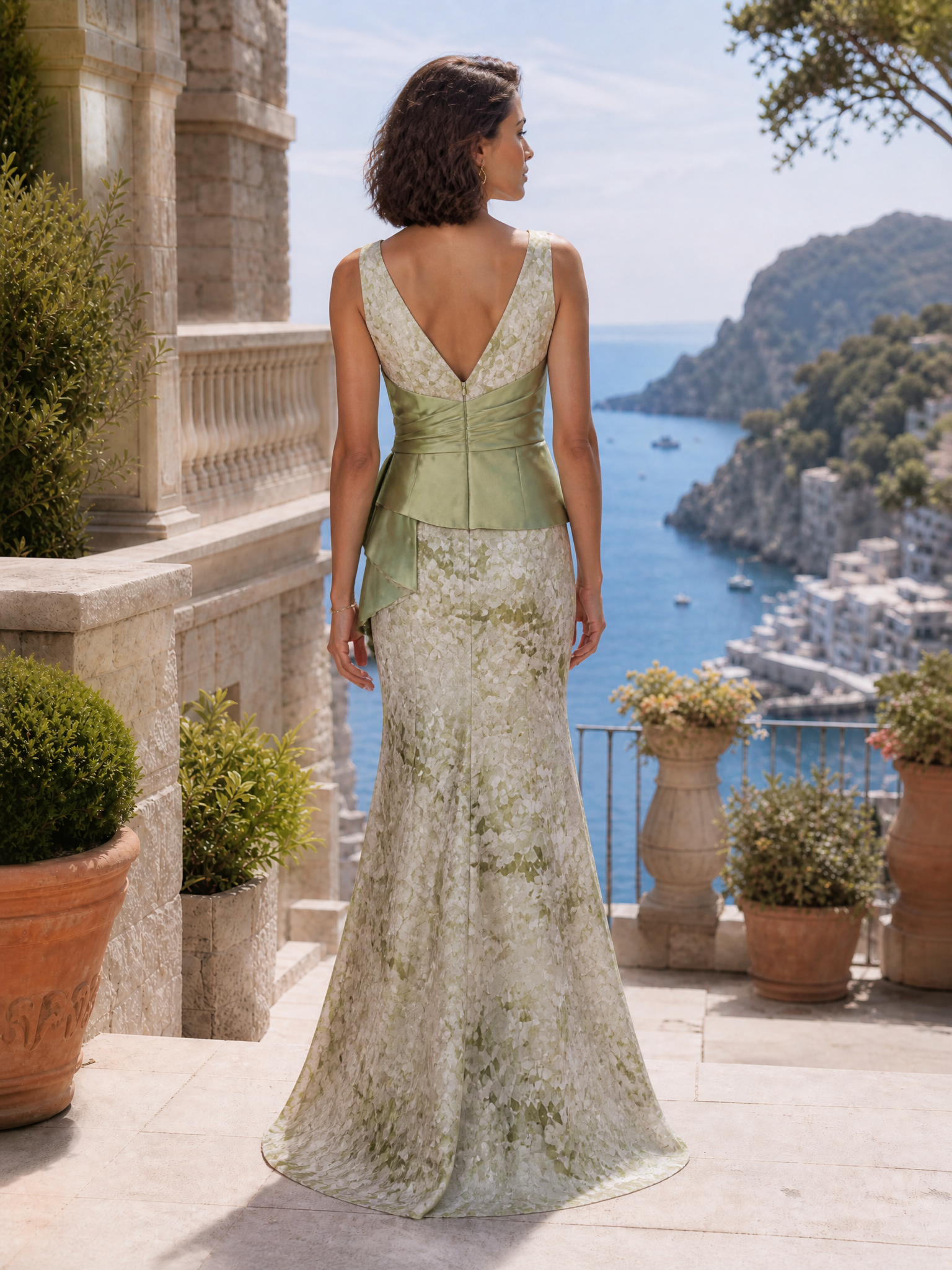 Ethereal Sage Green Botanical Peplum Sleeveless Maxi Gown Dress With Slit