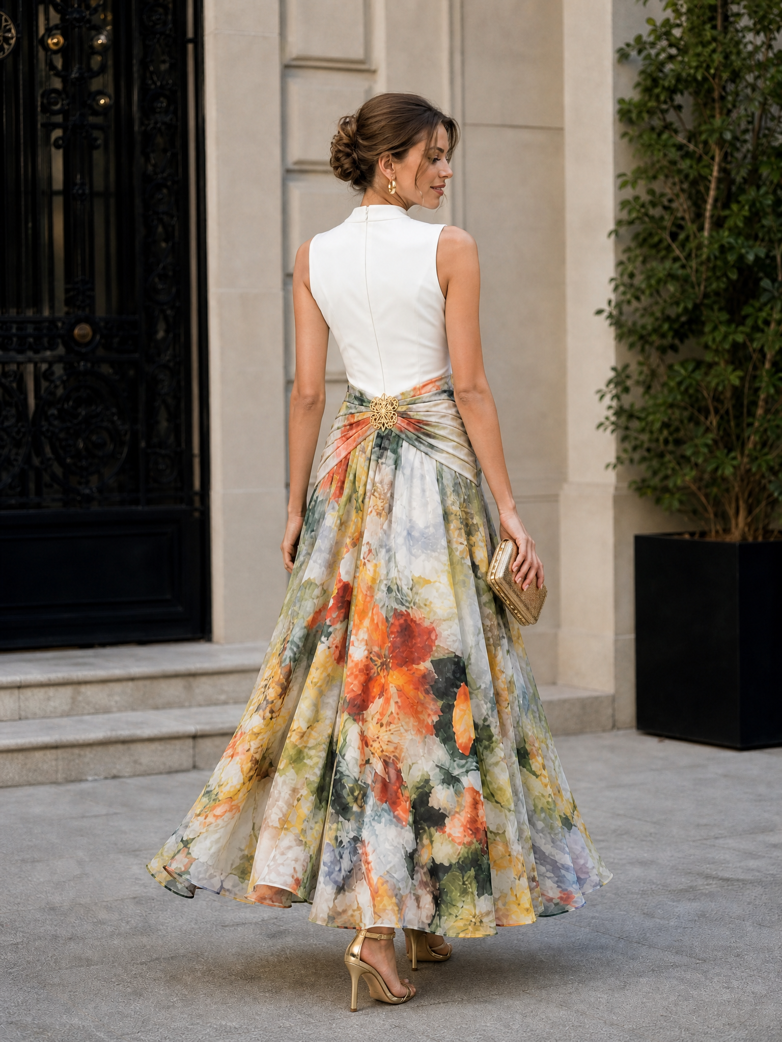 White Mock-Neck Watercolor Floral Sleeveless A-Line Maxi Gown Dress