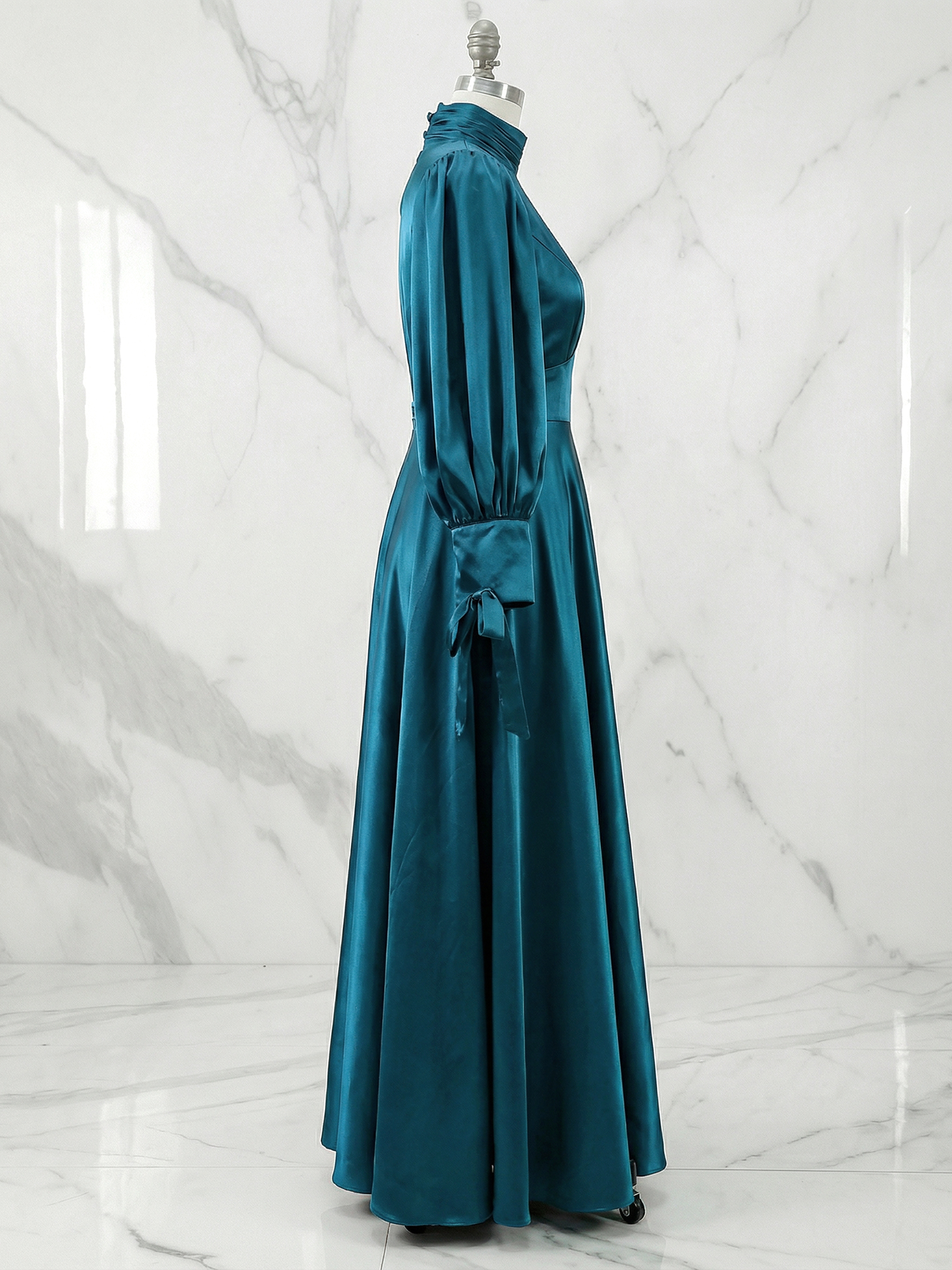 Sophisticated Camel V-Neck Balloon Sleeve Midi Dress Evening Gown