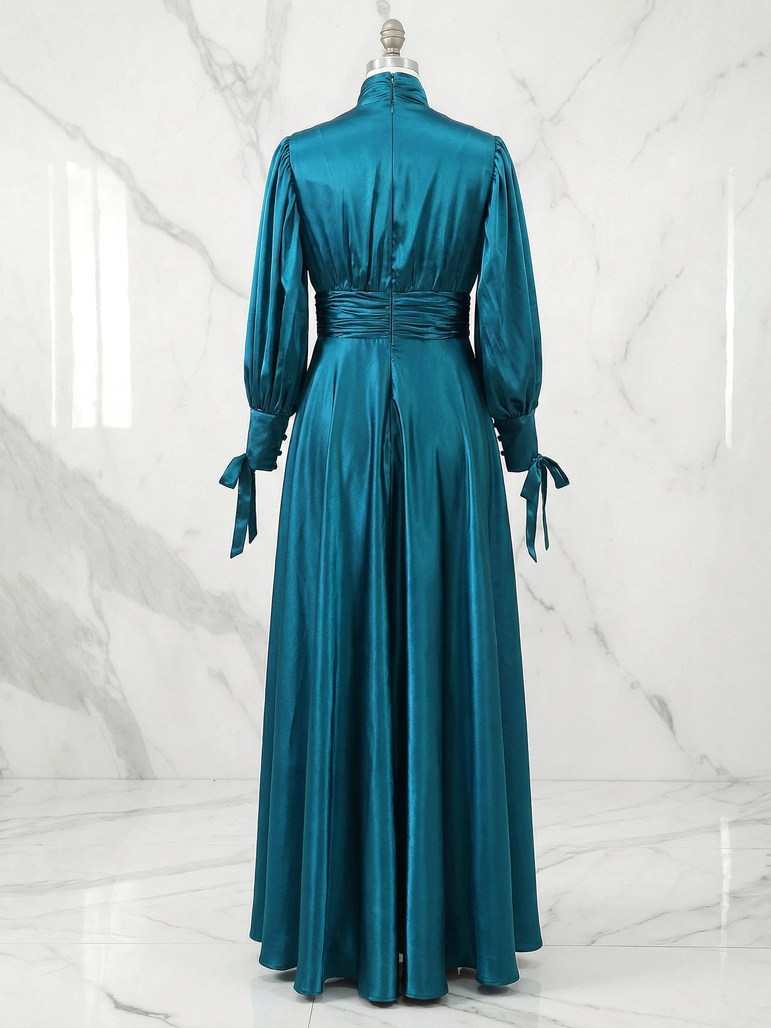 Sophisticated Camel V-Neck Balloon Sleeve Midi Dress Evening Gown