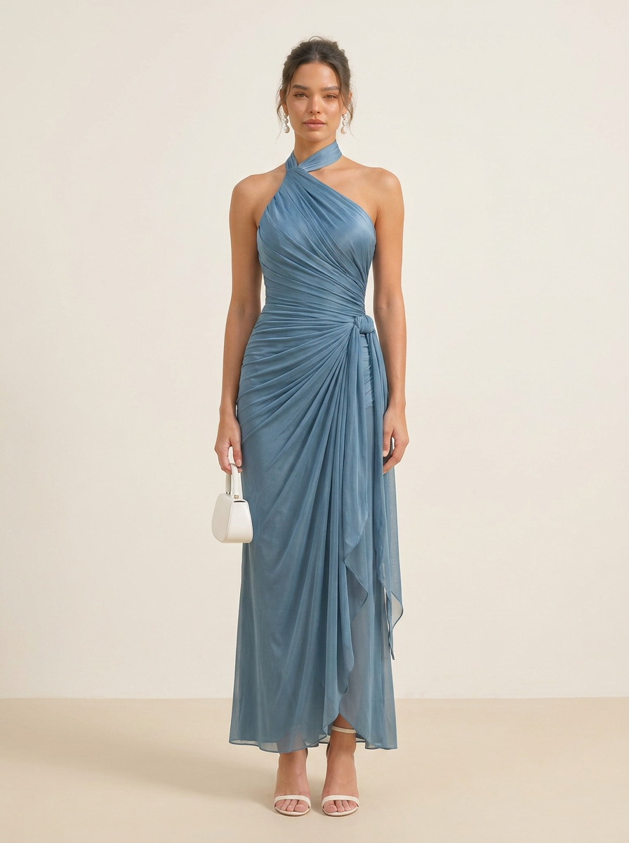 Sculptural Dusty Blue Draped Halter Sheath Formal Evening Dress 