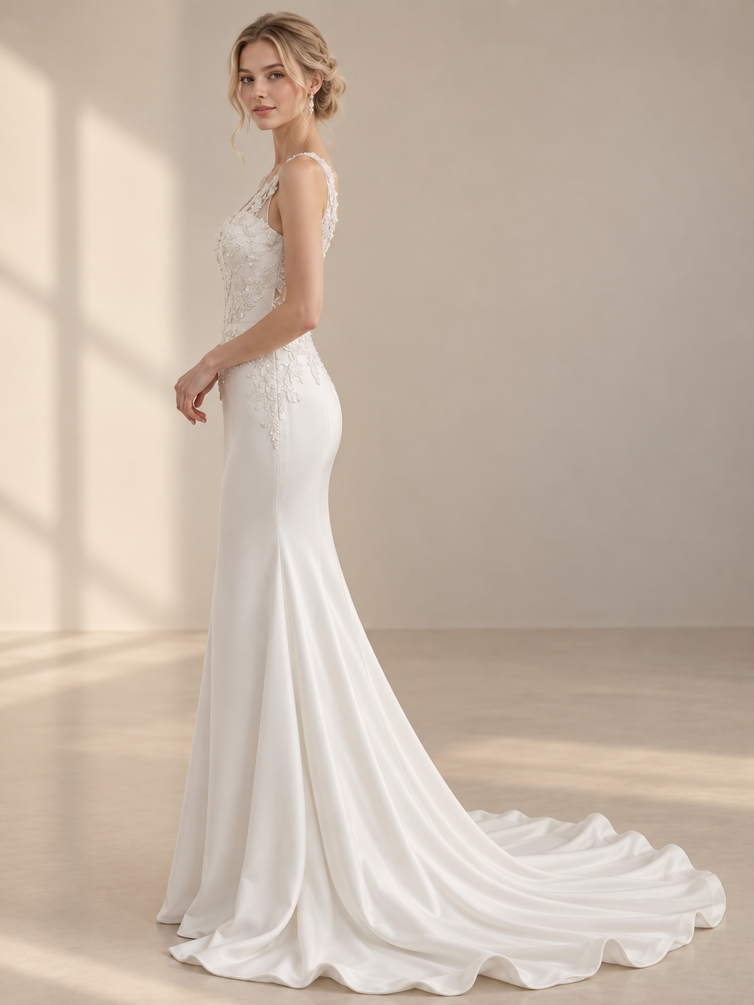 Luminous Ivory Beaded Lace V-Neck Sleeveless Mermaid Wedding Dress 