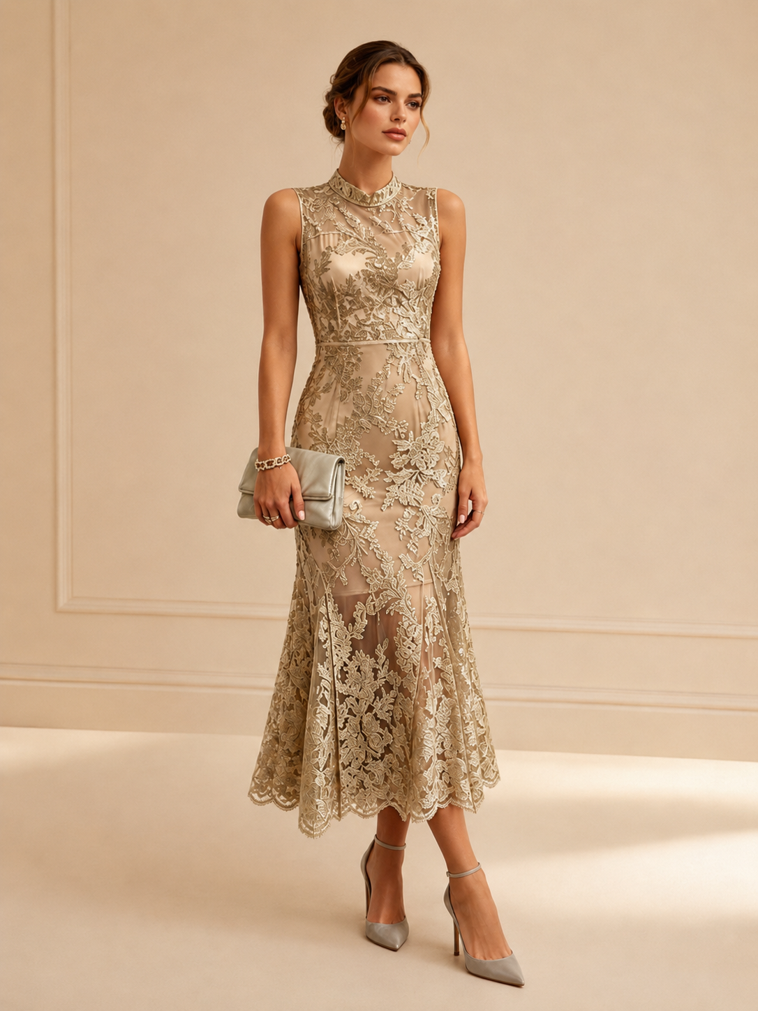 Pevafe Champagne High-Neck Lace Sleeveless Mermaid Midi Evening Gown Dress