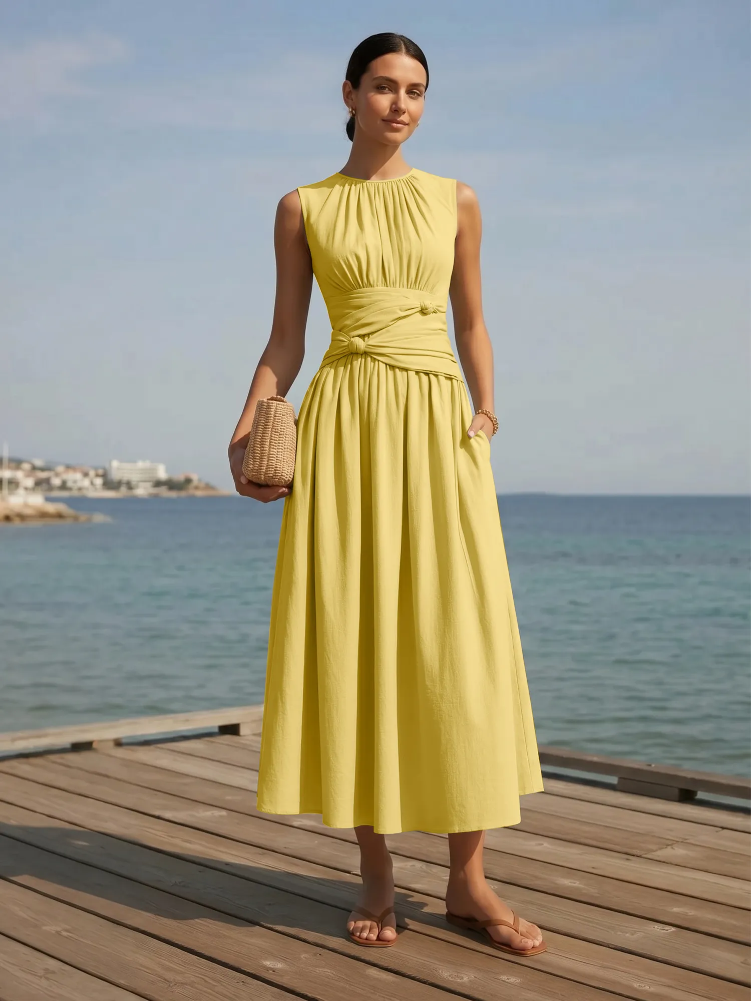 Sleeveless Round Neck Waist-Knot Midi Evening Dress