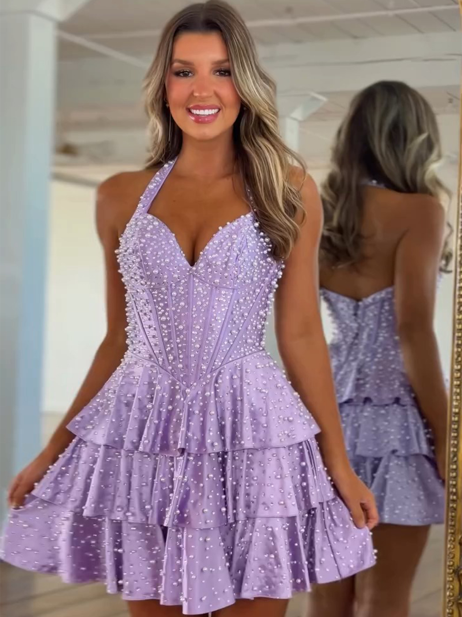 Lavender Halter Corset Tiered Pearl Homecoming Dress