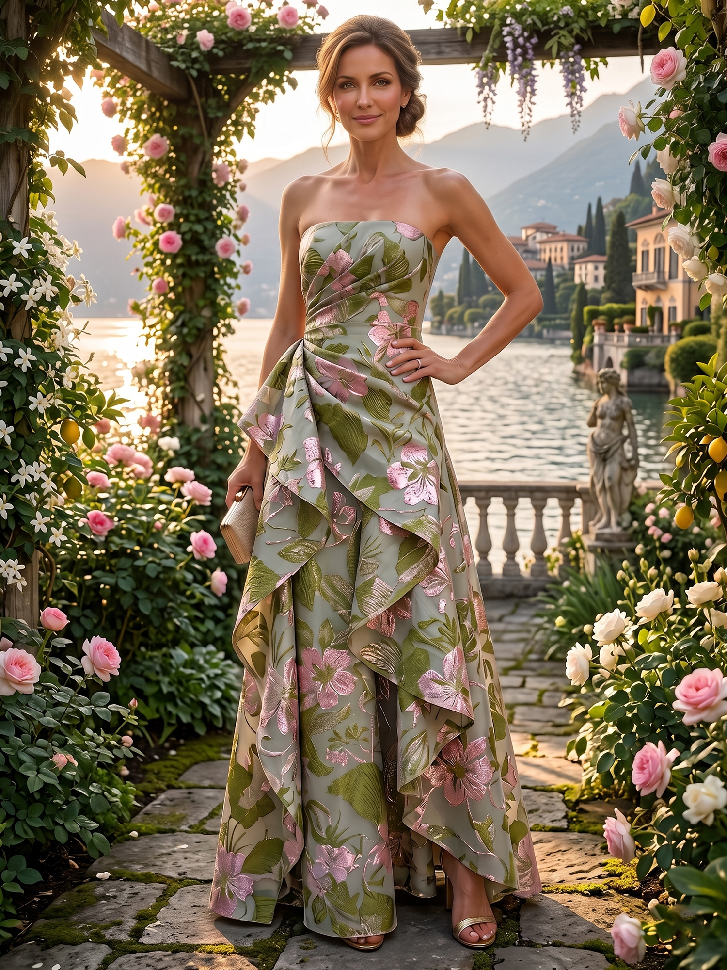 Sage Green Botanical Elegance Floral Jacquard Strapless Mother of the Bride & Groom Dresses