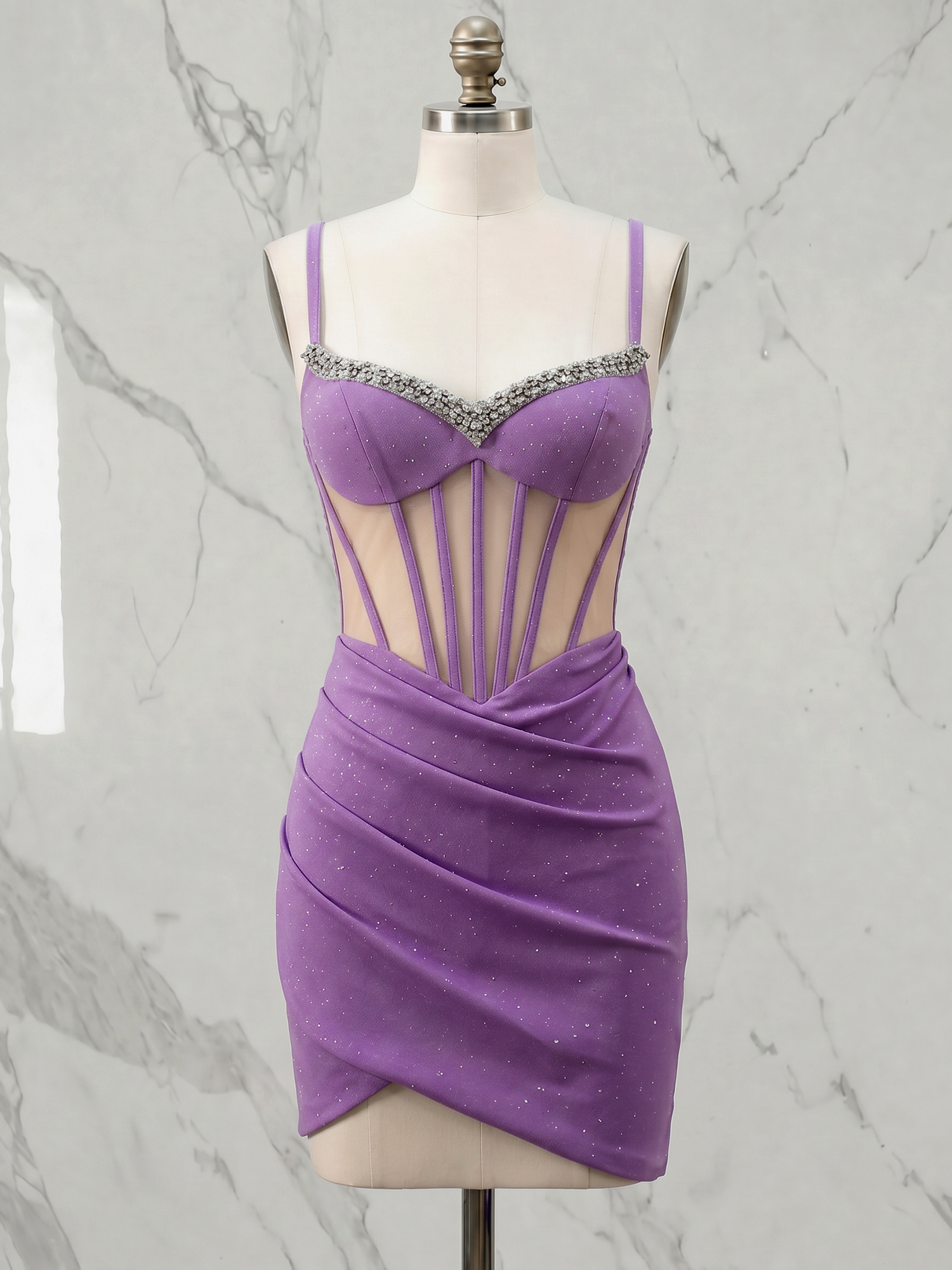 Glamorous Lavender Rhinestone Trim Sheer Illusion Corset Shimmer Homecoming Dress