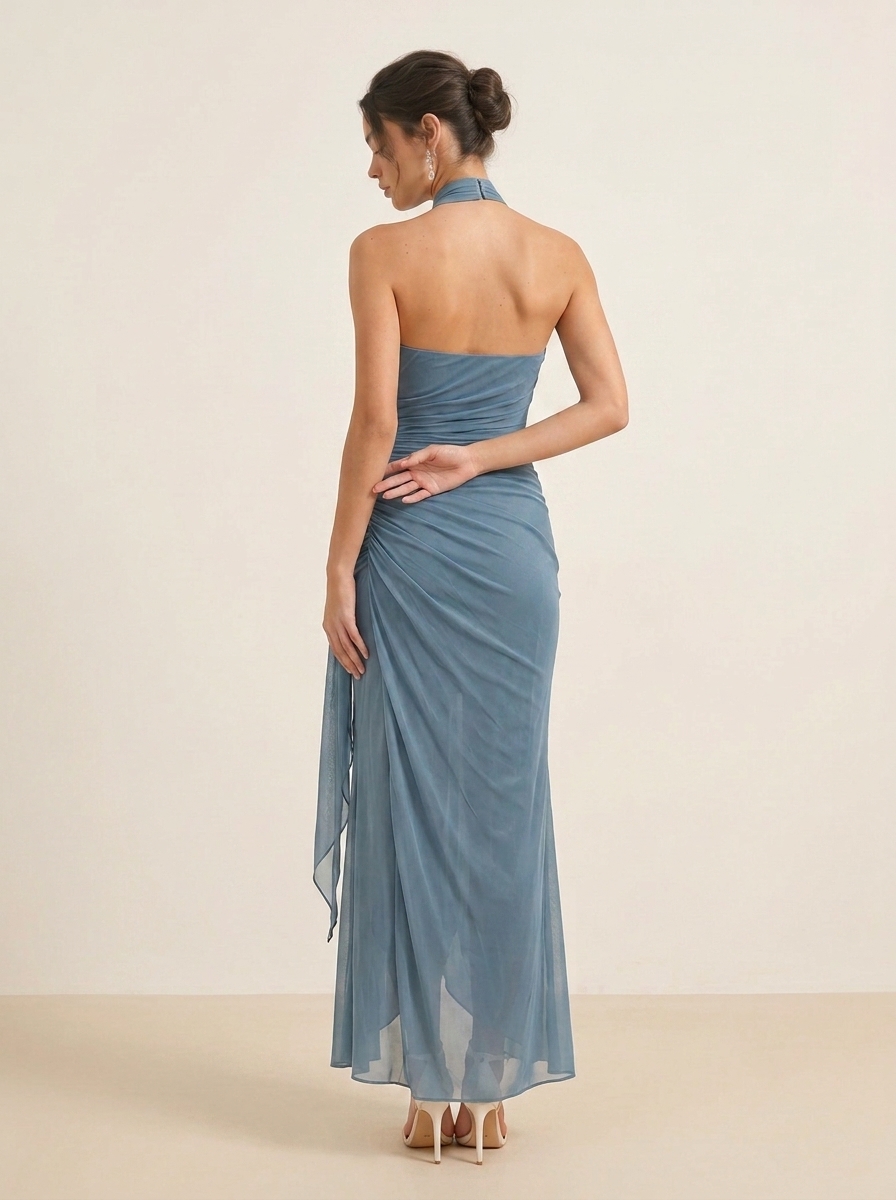 Sculptural Dusty Blue Draped Halter Sheath Formal Evening Dress 
