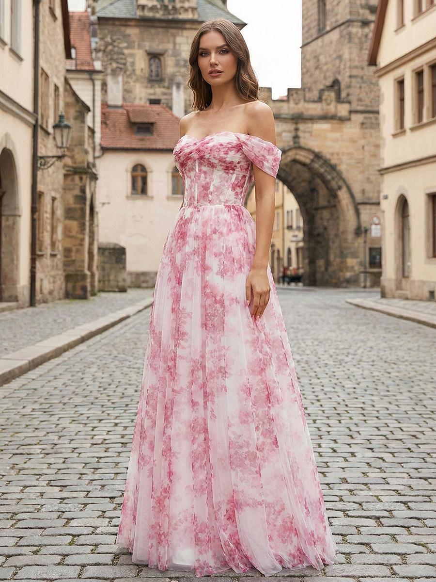 Pink Floral Off-the-Shoulder Corset A-Line Long Prom Dress