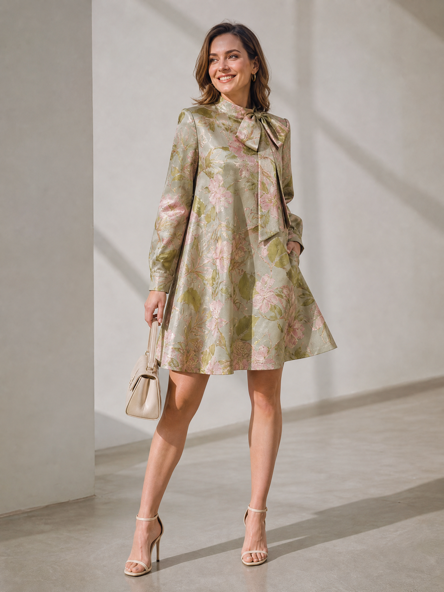 Ethereal Sage Brocade Pussy-Bow Shift Long-Sleeve A-Line Mini Gown Dress