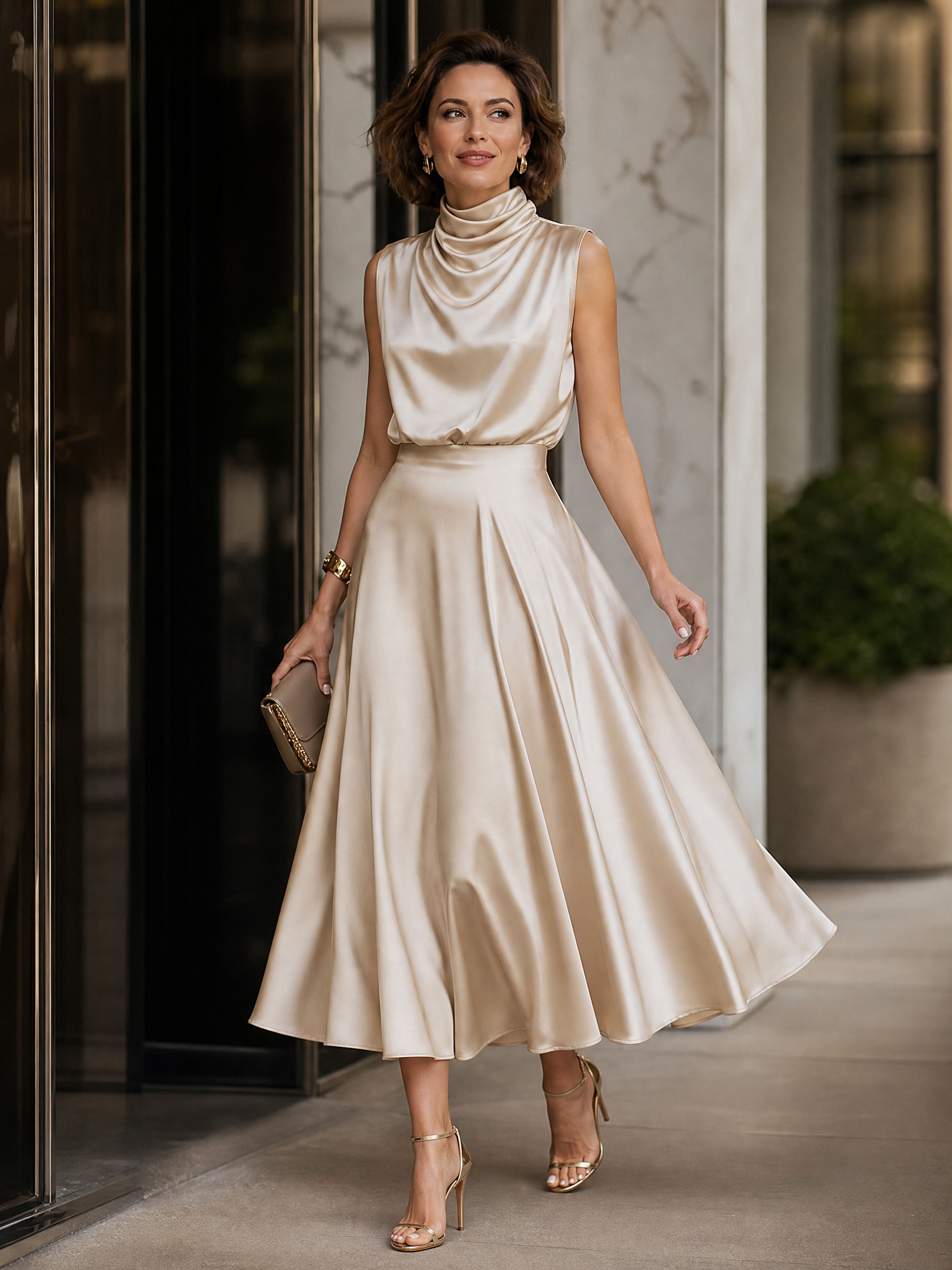 Champagne Satin Cowl-Neck Sleeveless A-Line Midi Evening Gown Dress 
