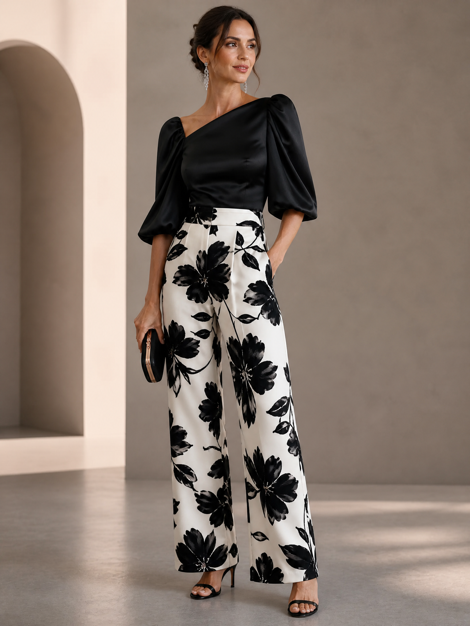 Black Floral Satin One Shoulder Jumpsuit Set Evening Gown Dress 