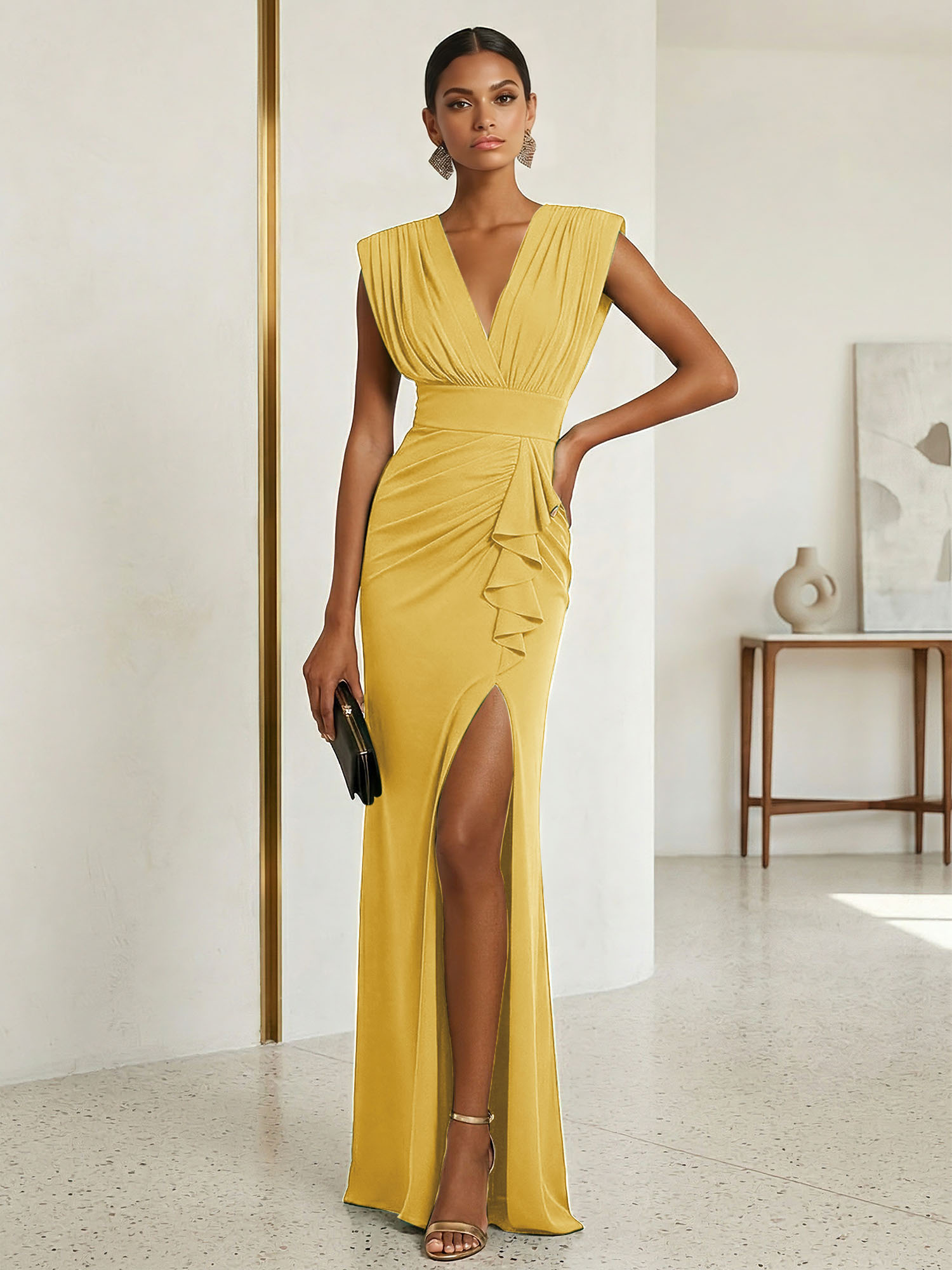 Commanding Formal Evening Dress Emerald Green Plunging V-Neck Slit Gown