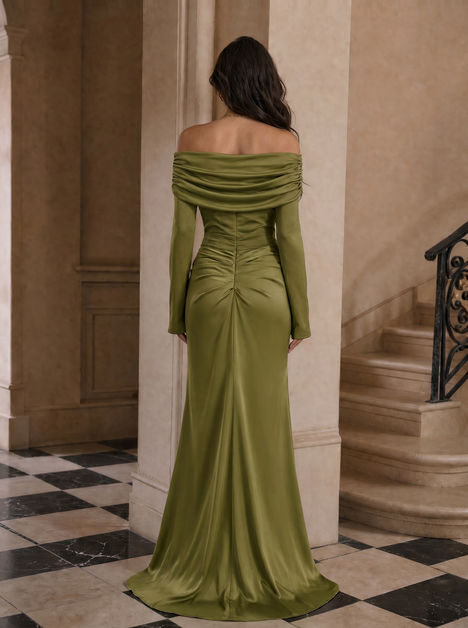 Sophisticated Olive Green Satin Off-the-Shoulder Sheath Formal Evening Dress