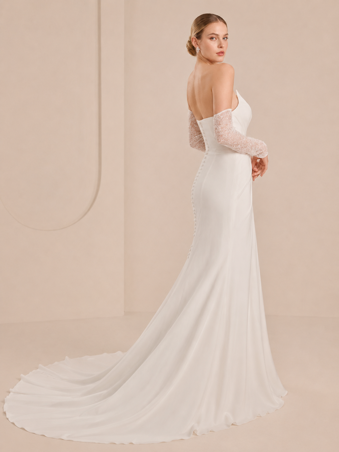 White Draped Sweetheart Crepe Mermaid Wedding Dress with Matching Lace Gloves 