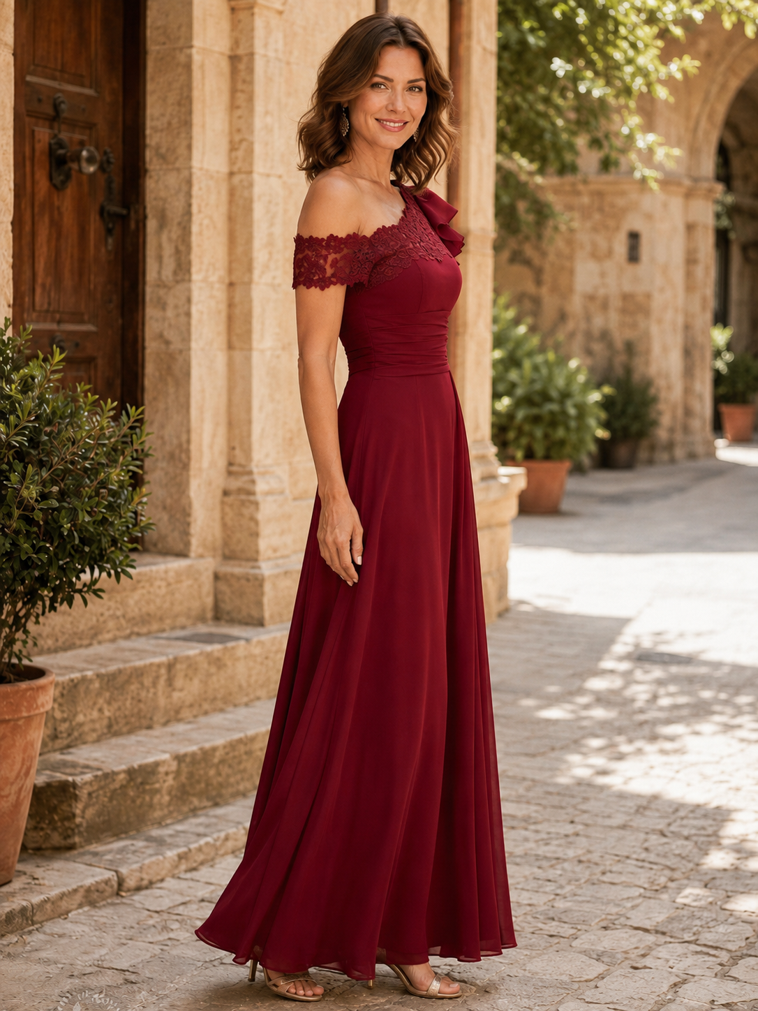 Burgundy One-Shoulder Chiffon Lace A-Line Maxi Mother of the Bride & Groom Dresses