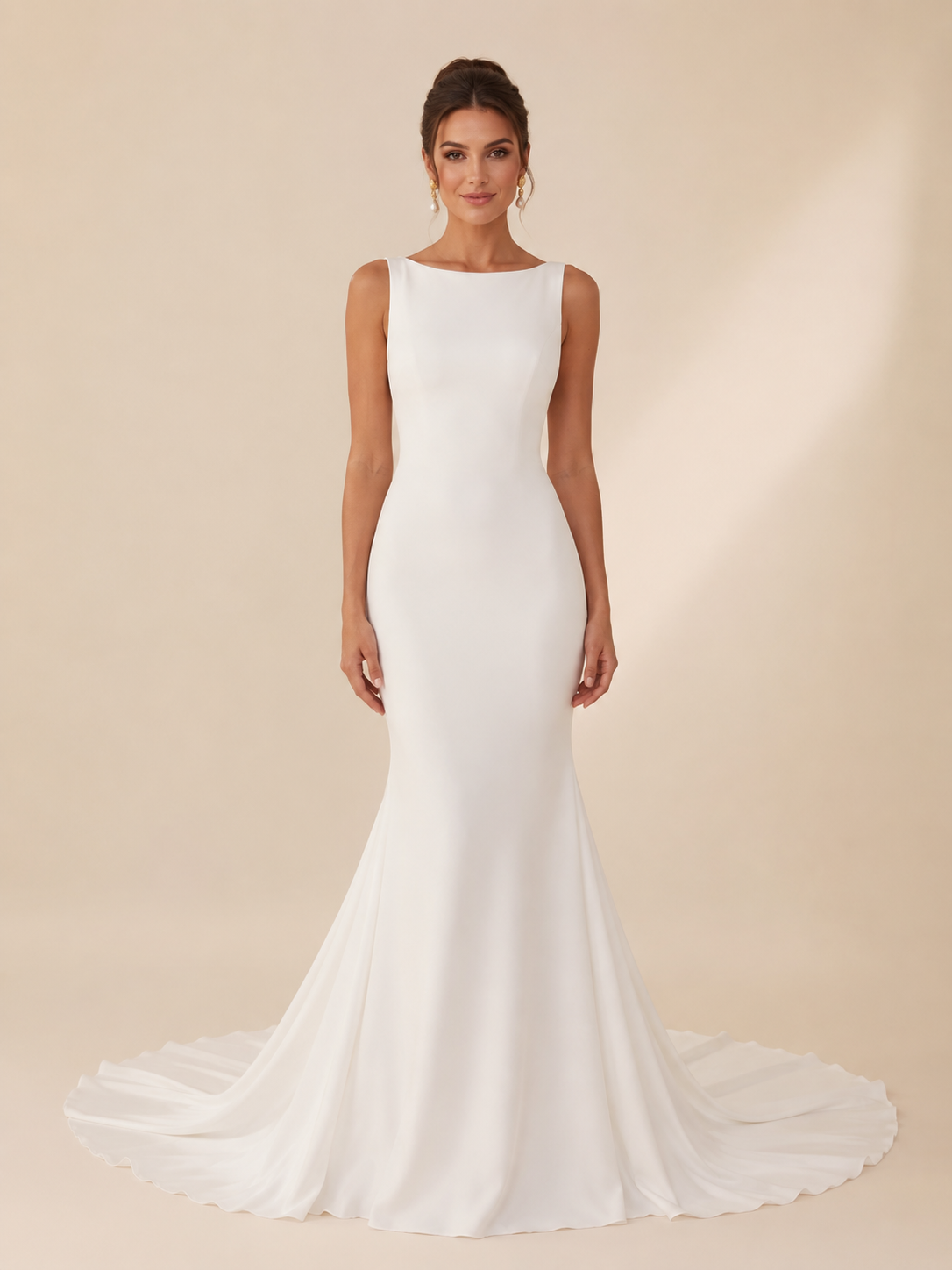 White Boatneck Crepe Sleeveless Mermaid Wedding Dress 