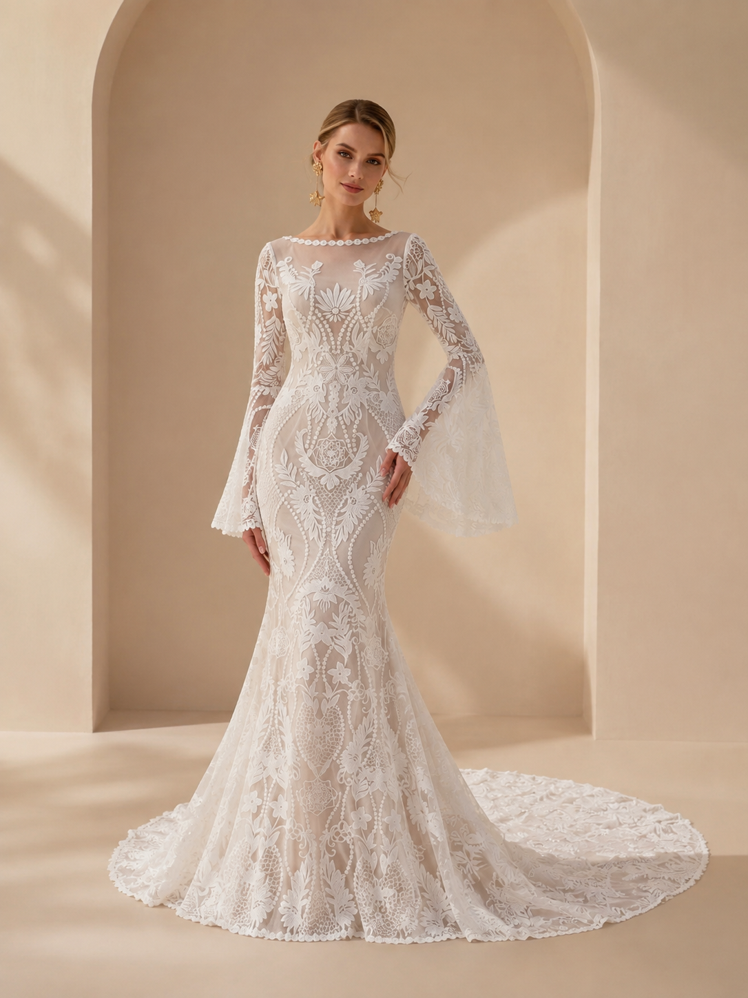 White Illusion Boat-Neck Lace Bell Sleeves Mermaid Wedding Dress 
