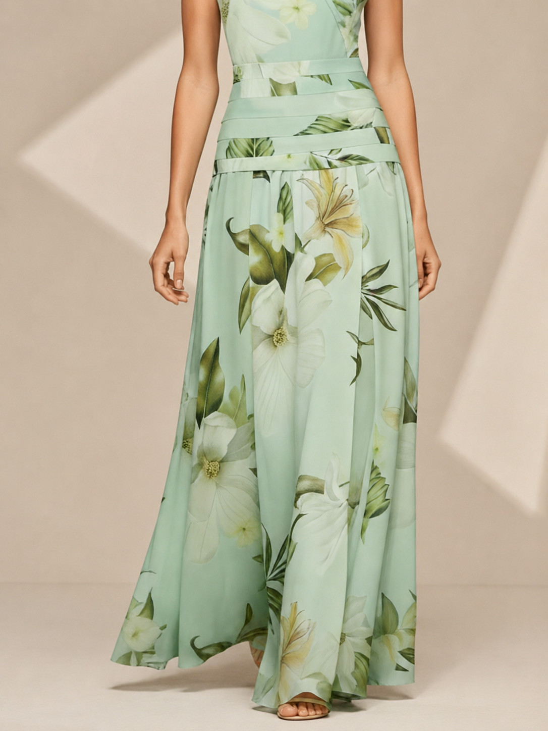 Mint Green Floral Boat-Neck Sleeveless A-Line Maxi Evening Gown Dress 