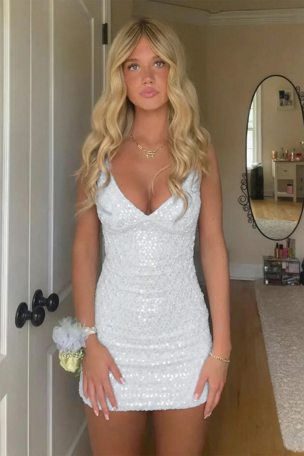 Diamond Beaded Spaghetti Strap Bodycon Homecoming Dress