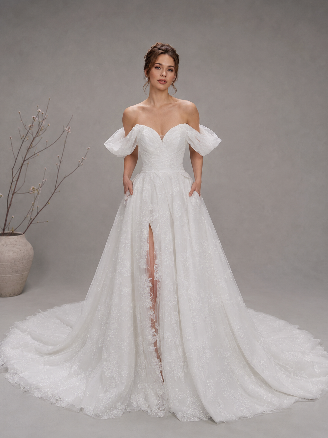 White Off-the-Shoulder Glitter Floral Front Slit A-Line Maxi Wedding Dress 