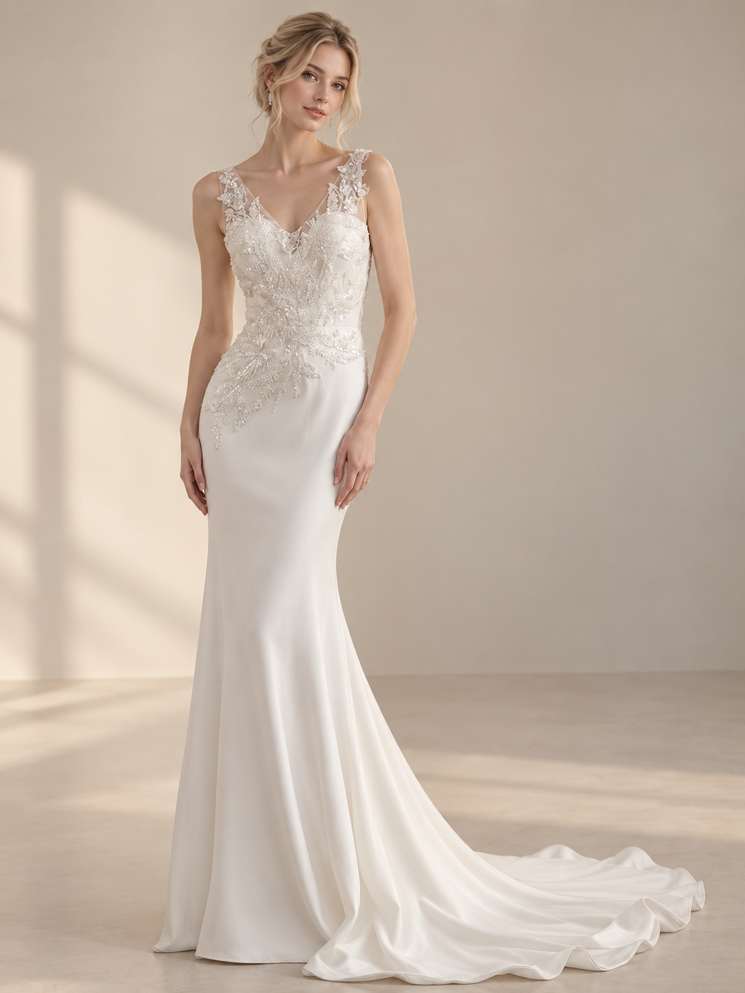 Luminous Ivory Beaded Lace V-Neck Sleeveless Mermaid Wedding Dress 