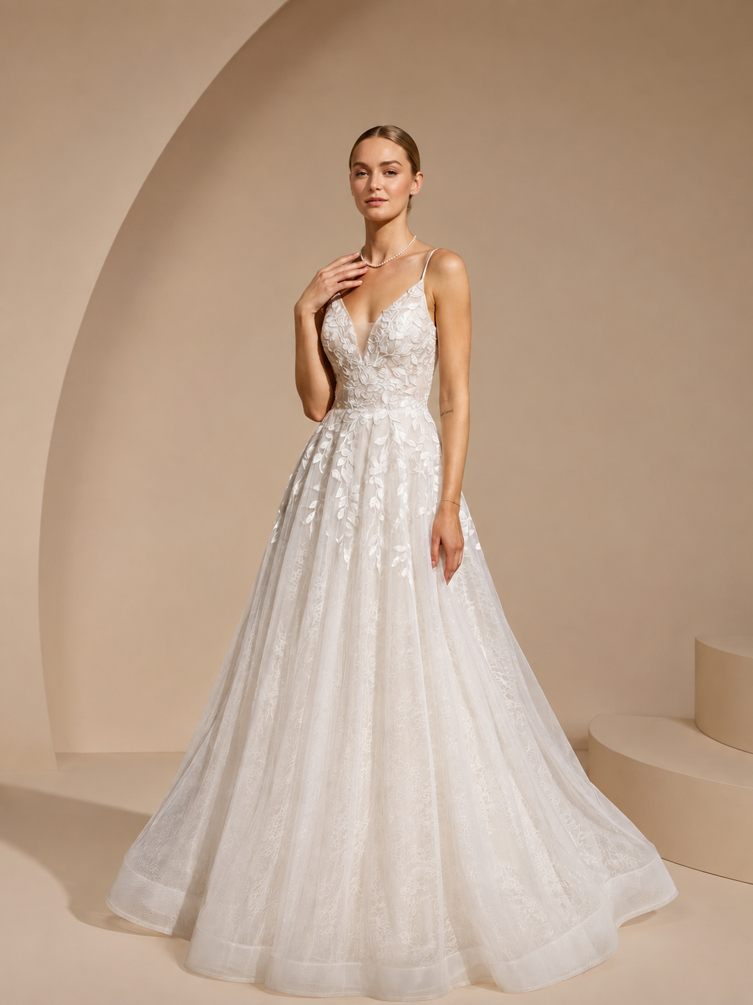 White V-Neckline Spaghetti Strap A-Line Wedding Dress 