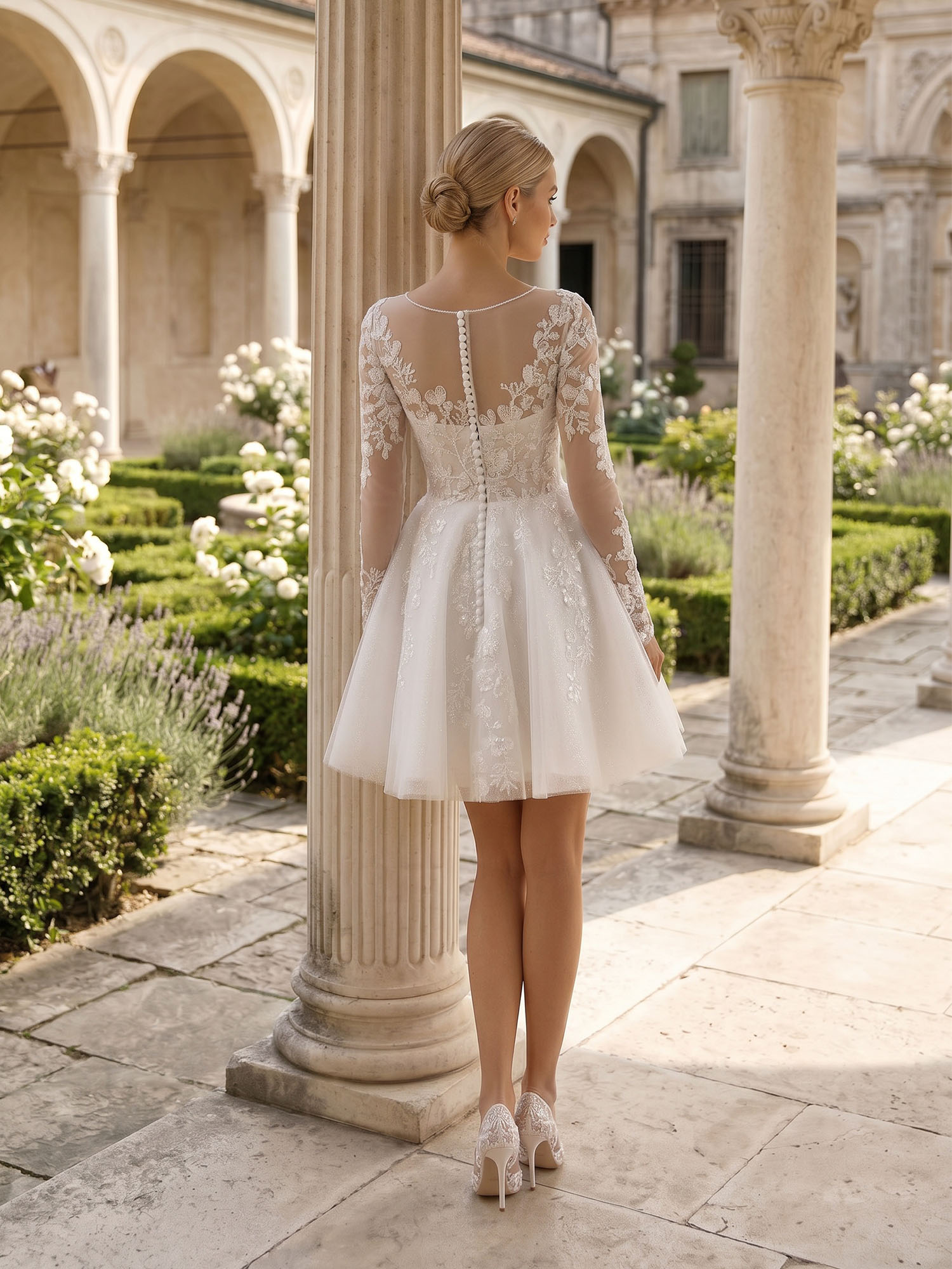 Enchanting Ivory Lace Illusion Corset Tulle Mini Wedding Dress 